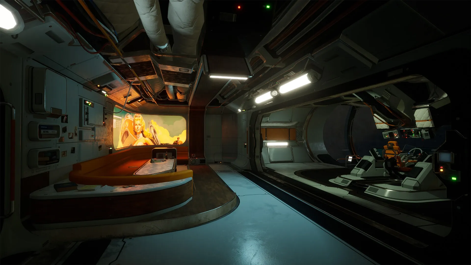 Breathedge 2: Futuristic spaceship interior with control panel and retro poster in dimly lit room.