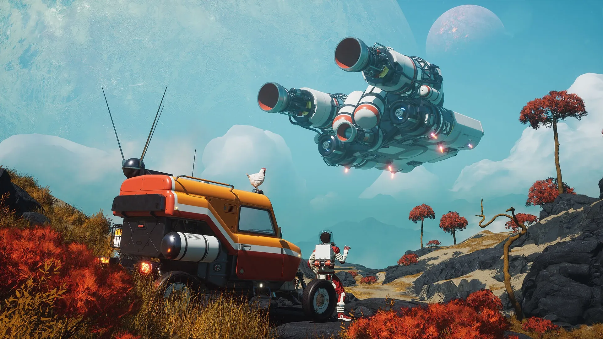 Breathedge 2: Player and chicken observe spacecraft landing in vibrant alien landscape with red foliage