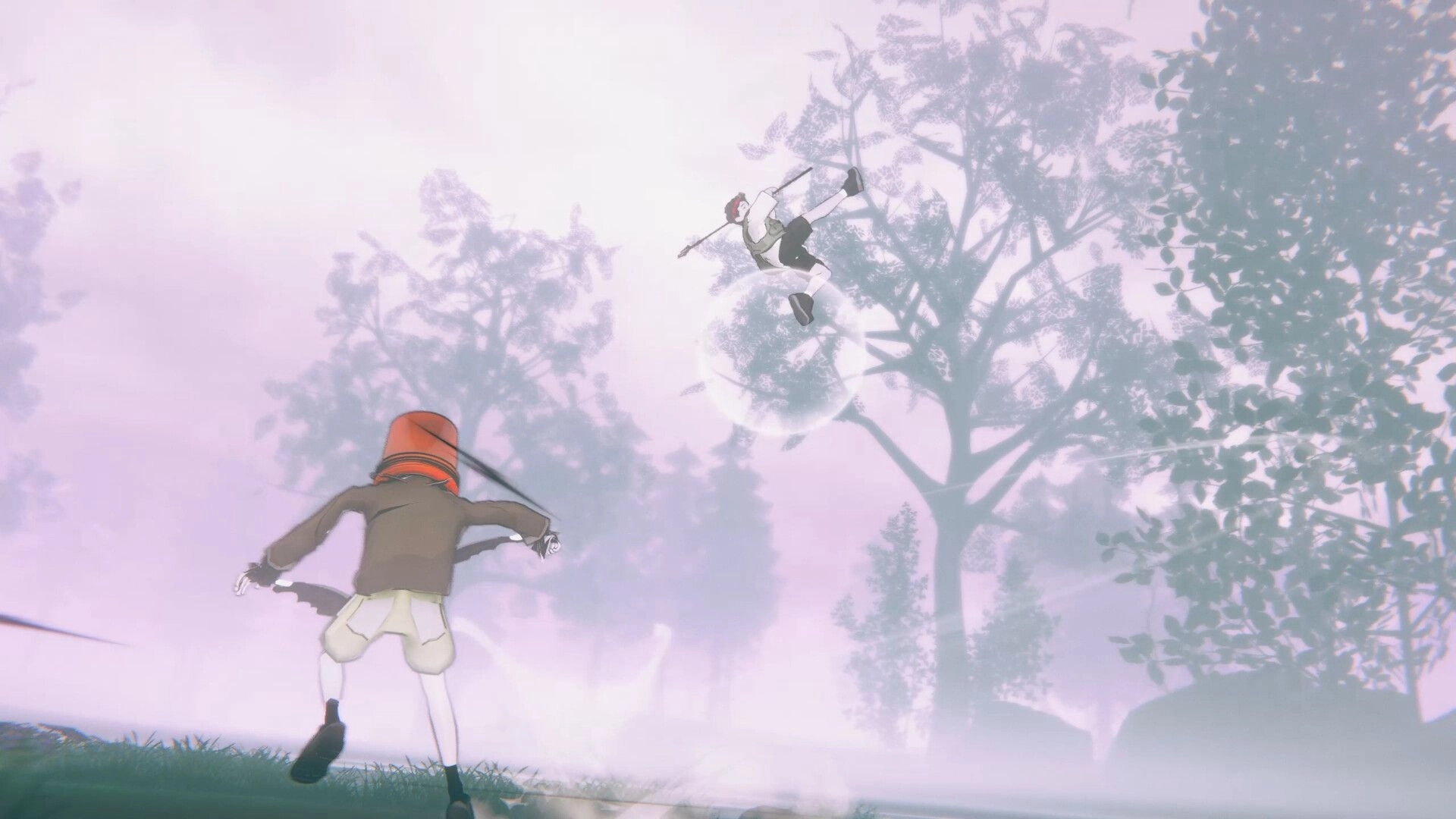 BREKEKEKEX: Player with orange bucket helmet attacks a leaping spear foe in foggy swamp woods.