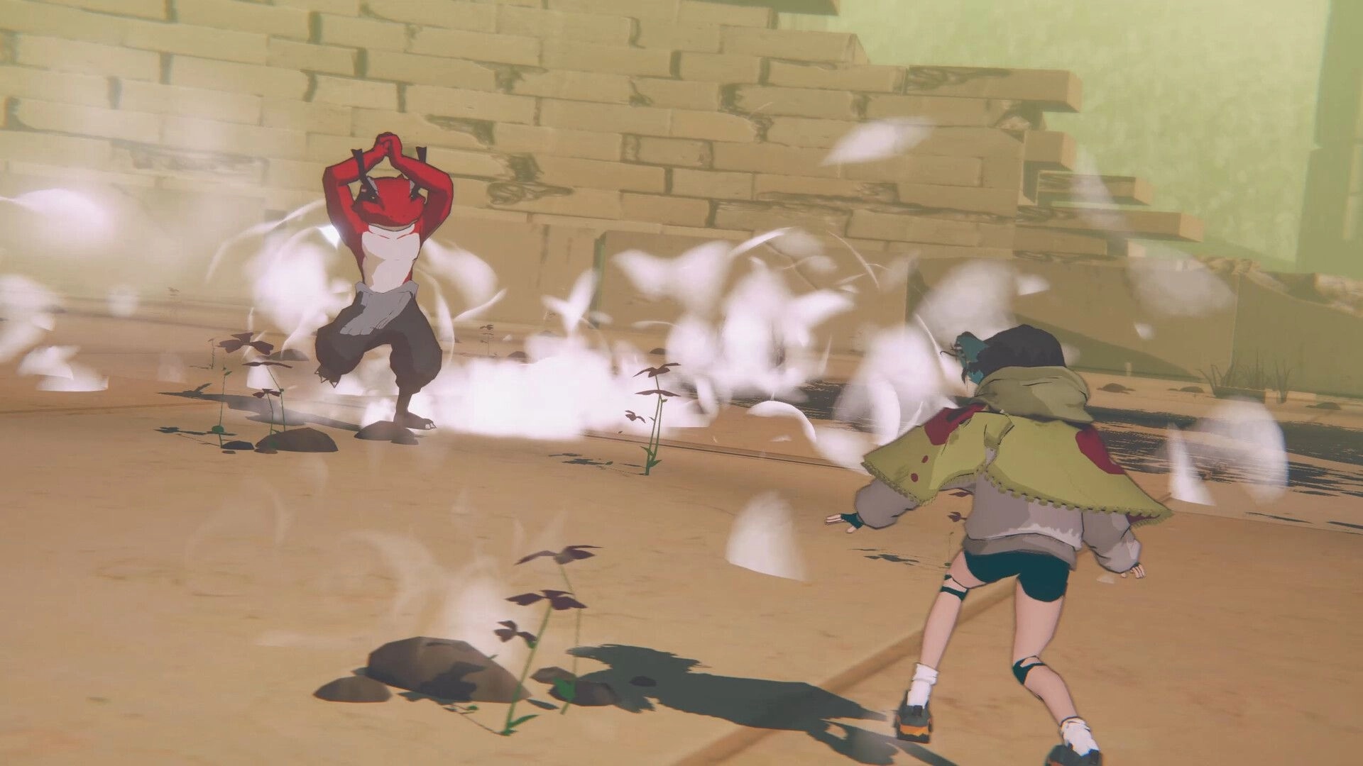 BREKEKEKEX: Player character faces red frog warrior amid dust clouds in sandy arena by brick wall.