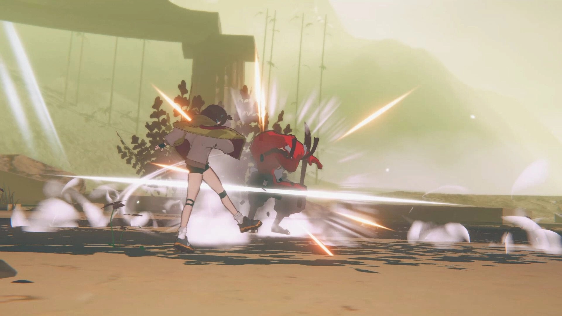 BREKEKEKEX: Player lands a fast melee strike on a red cultist in a misty swamp arena fight.