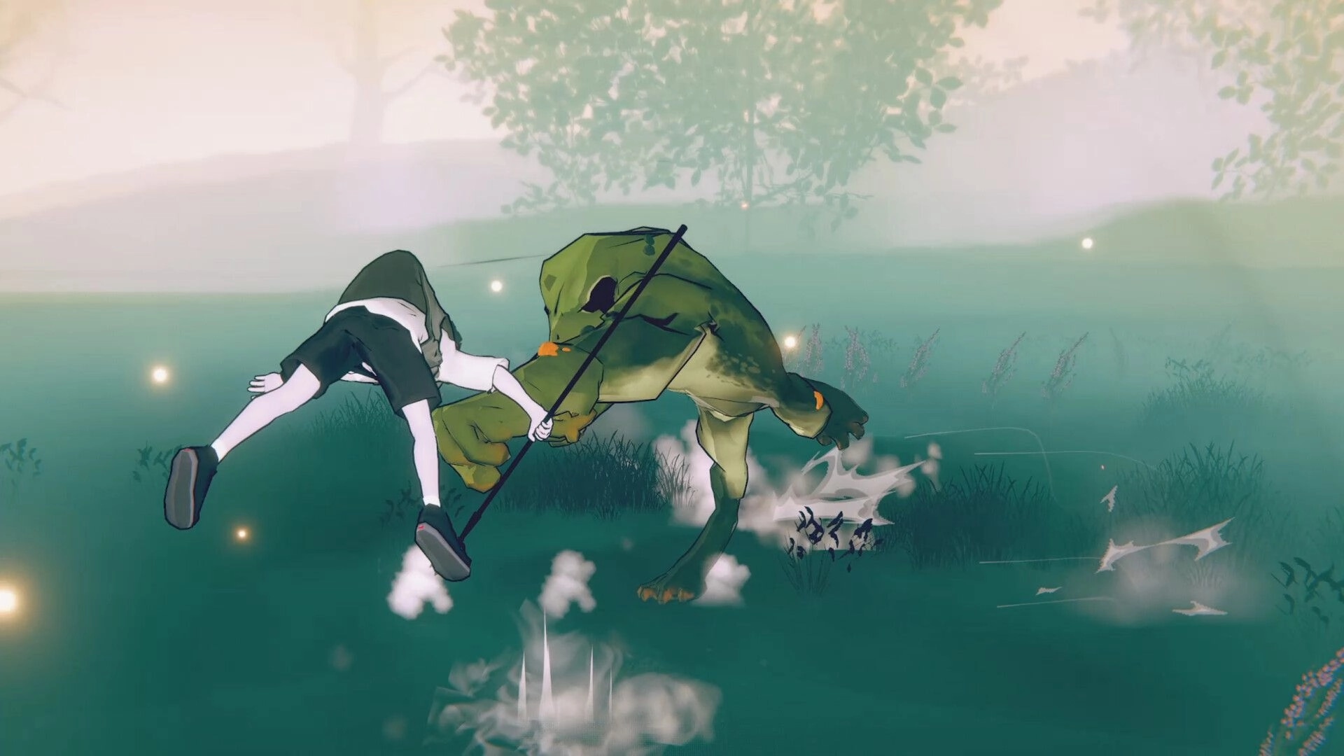 BREKEKEKEX: Player in midair strike hits a giant frog in a misty swamp field with dust effects.