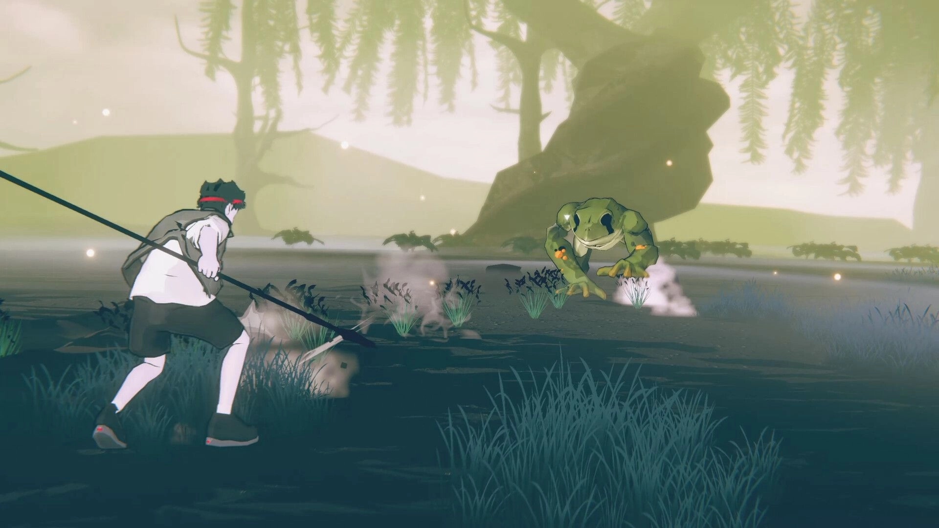 BREKEKEKEX: Spear-wielding fighter faces a giant frog in misty swamp shallows with reeds and trees.