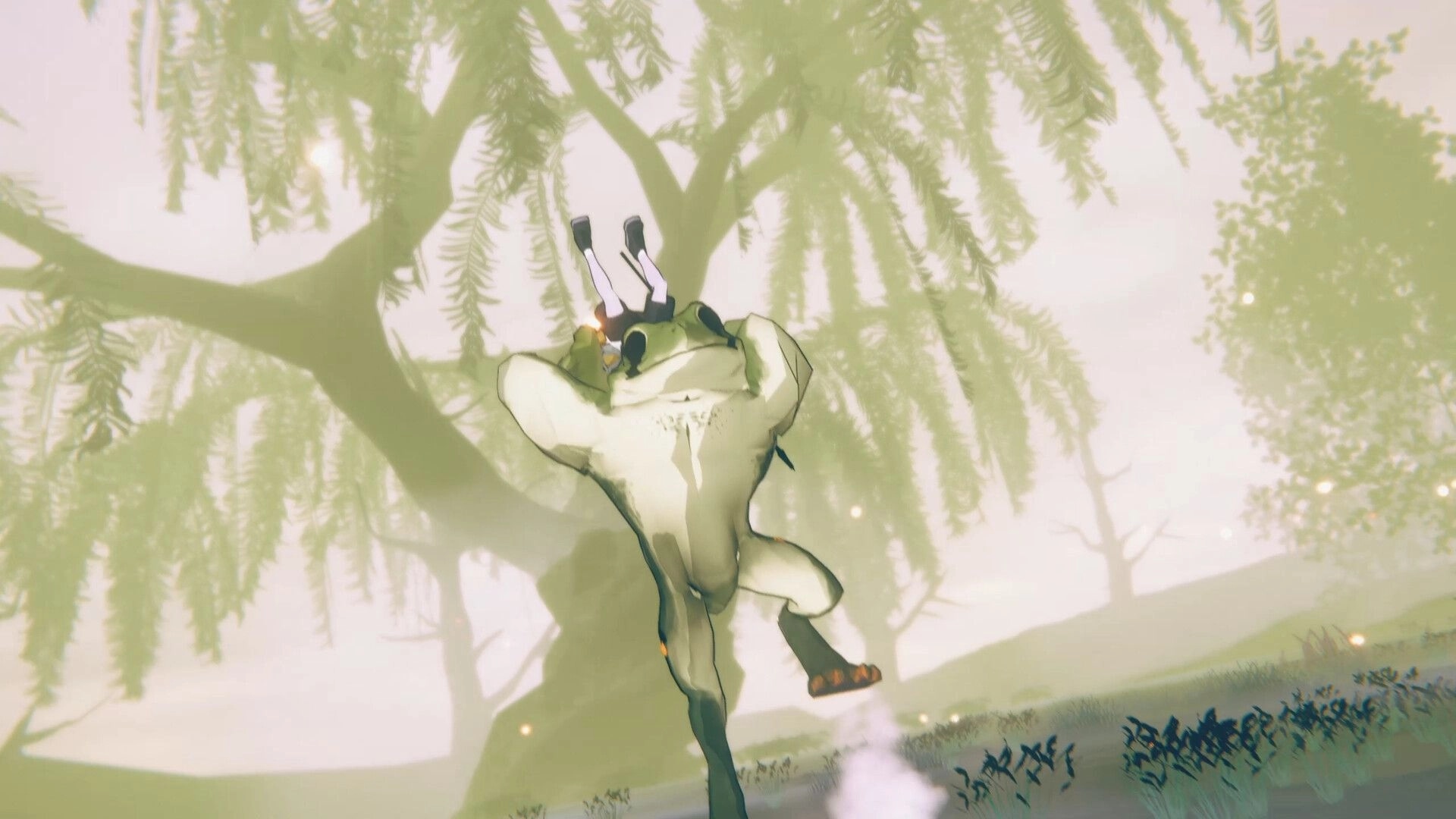 BREKEKEKEX: Giant frog leaps toward camera in misty swamp grove with trees and glowing motes.