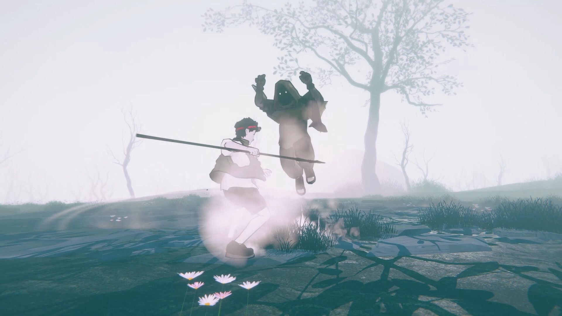 BREKEKEKEX: Spear-wielding fighter strikes a hooded cultist midair in a misty swamp clearing.