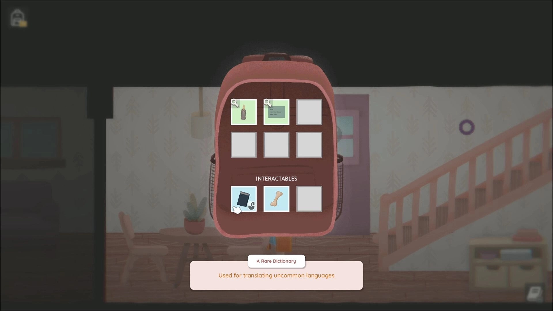 Brentwood: Inventory backpack UI with interactables and a rare dictionary tooltip in a cozy house foyer.
