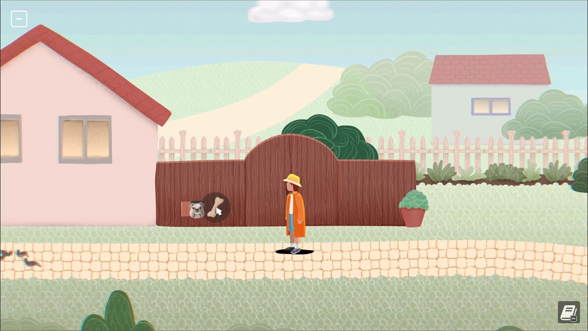 Brentwood: Character in orange coat stands by fence with bone icon on a quiet suburban street.