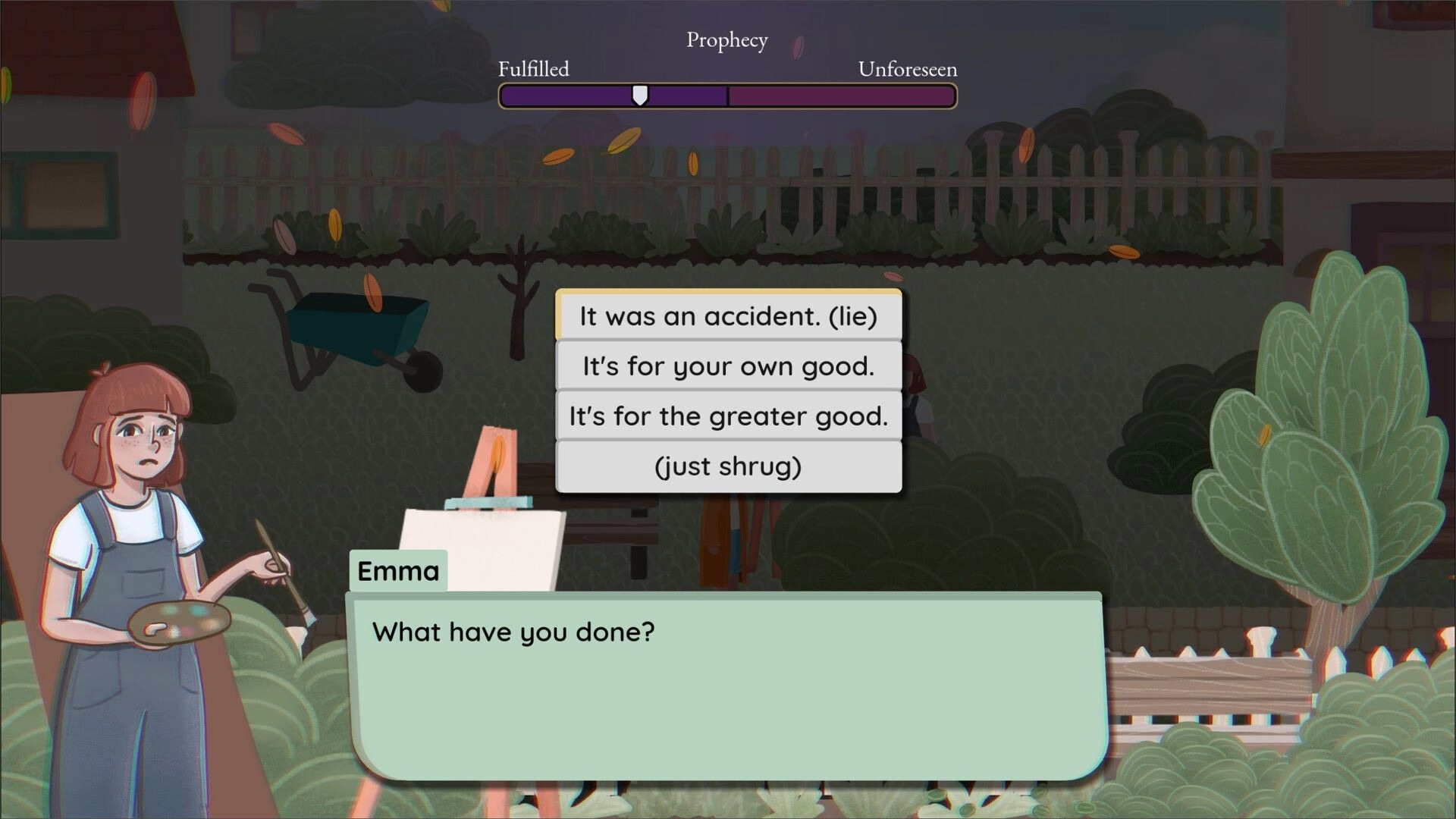 Brentwood: Dialogue choice menu as Emma asks "What have you done?" in a leafy backyard garden scene.