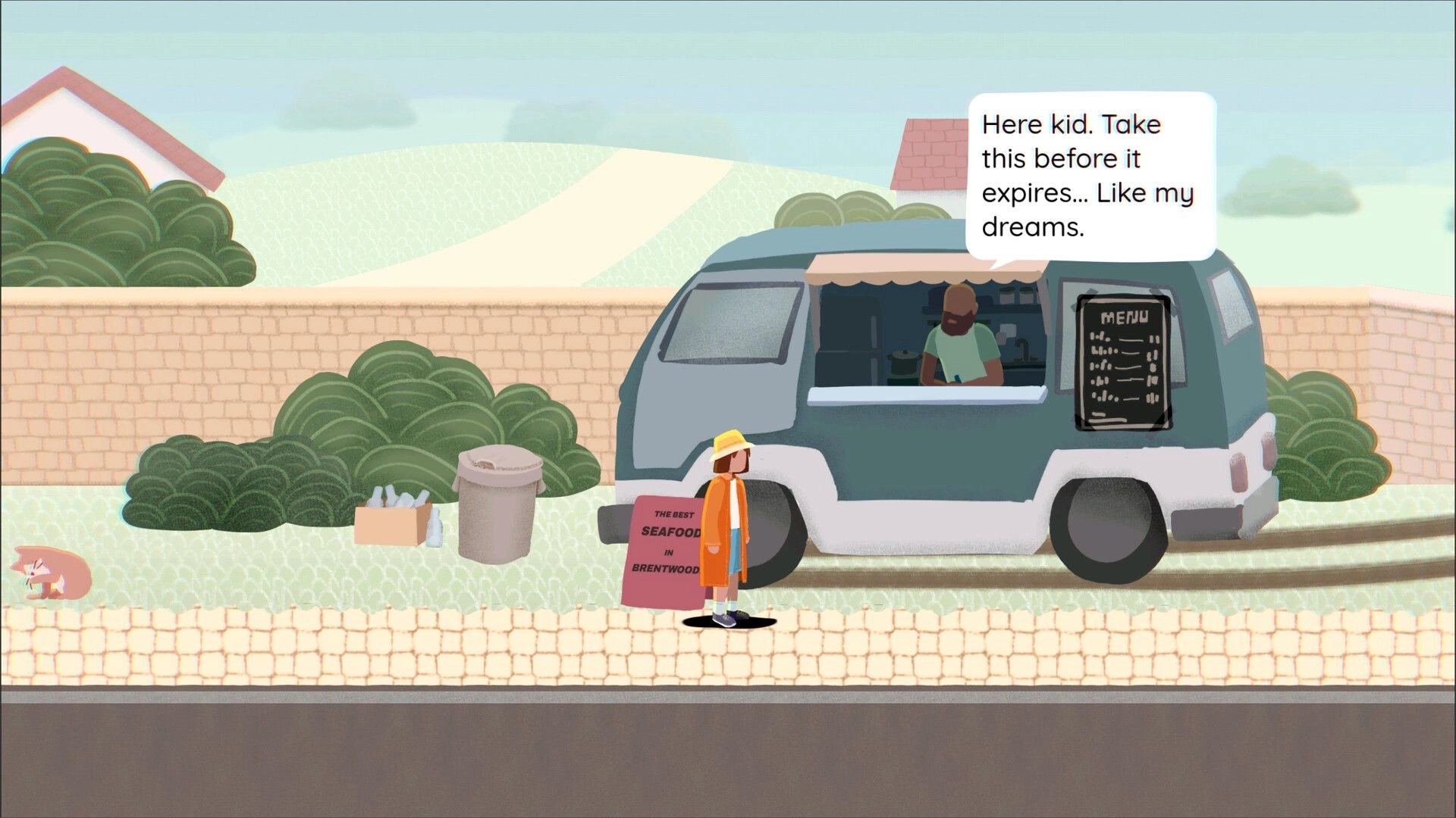 Brentwood: Player talks to food truck vendor with dialogue bubble on a sunny roadside pull-off.