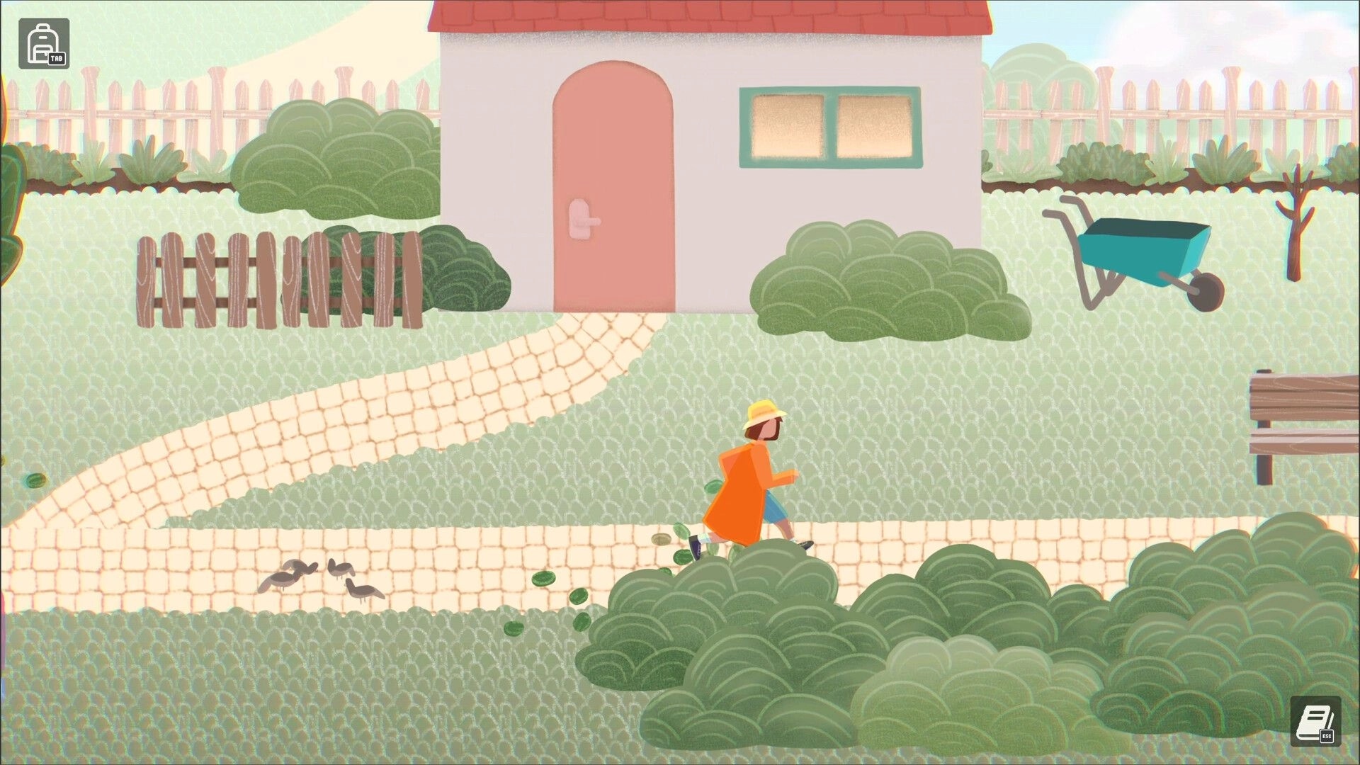 Brentwood: Character in orange coat walks along path past house, bushes, wheelbarrow yard scene.