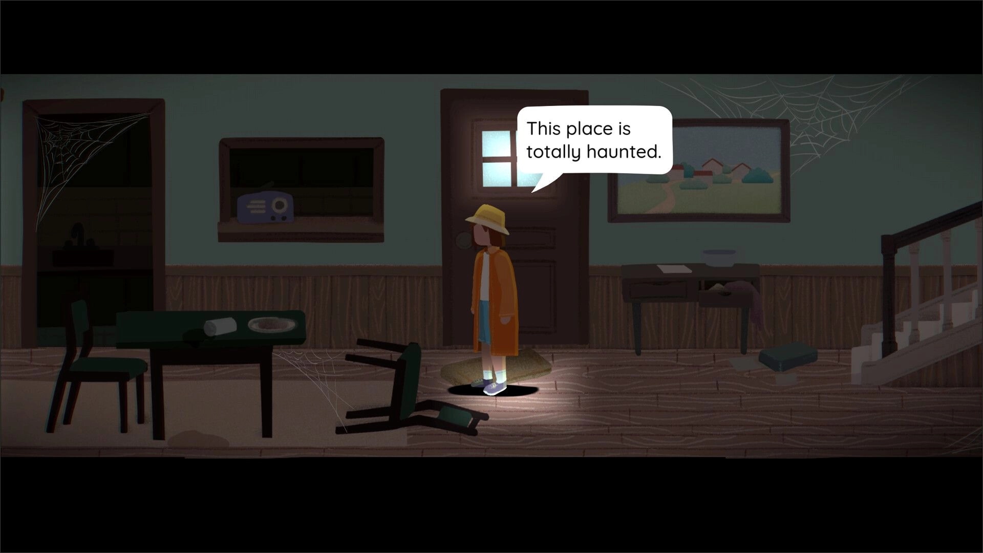 Brentwood: Character in yellow coat speaks in dialogue bubble inside dusty room with cobwebs and stairs.