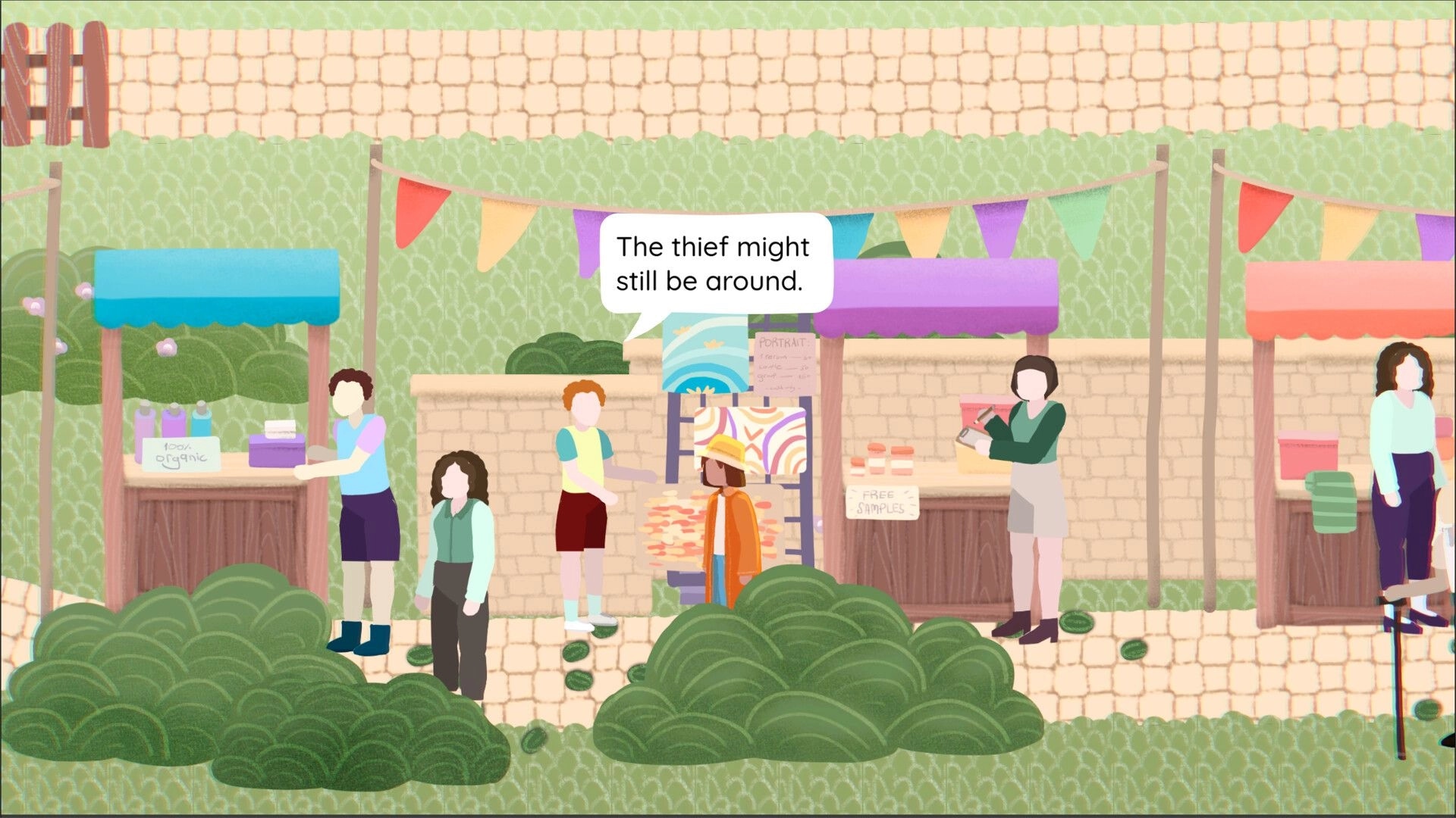 Brentwood: Player talks with townsfolk as a warning bubble appears at a colorful outdoor market stalls.