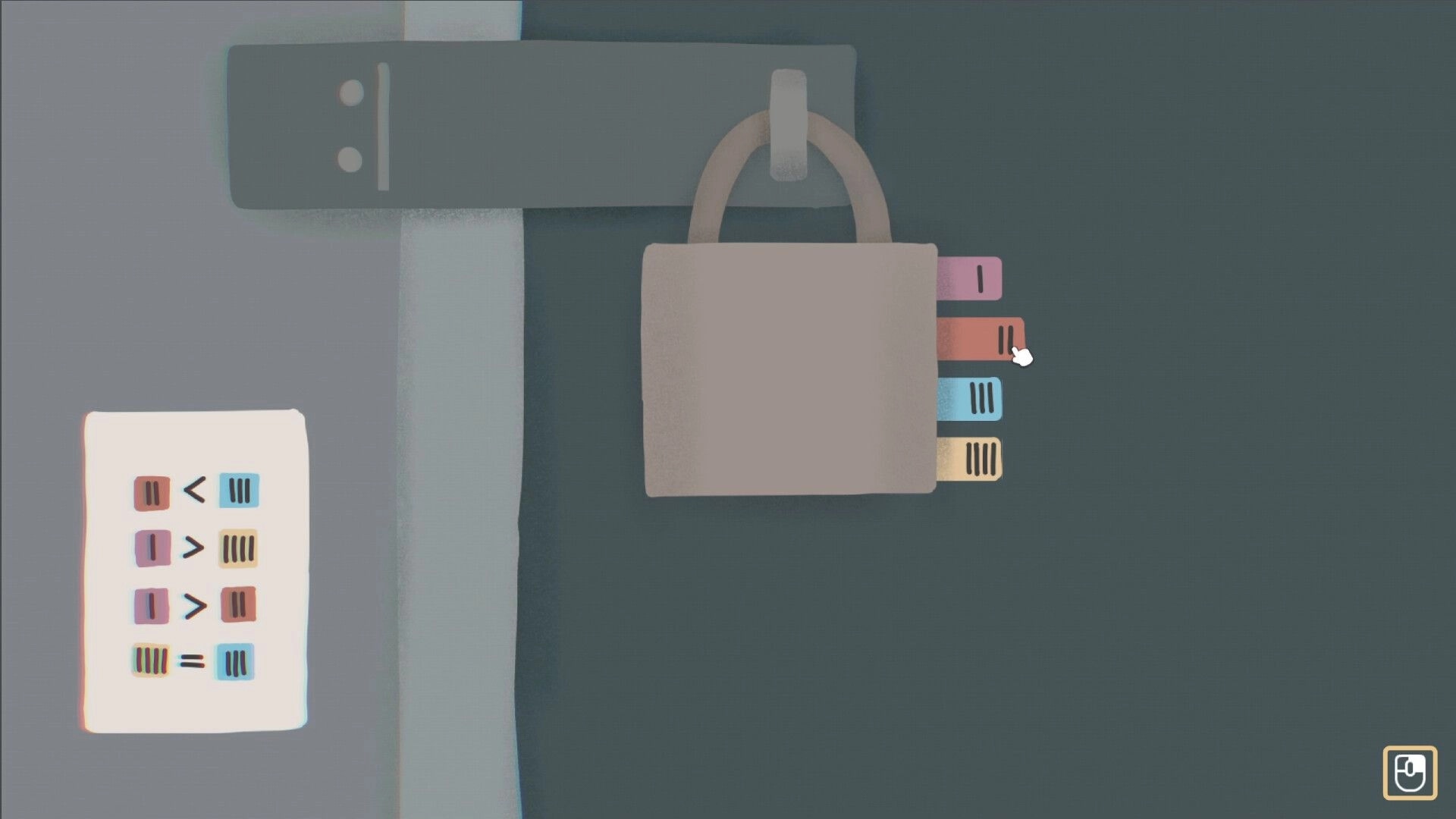 Brentwood: Cursor selects colored code tabs on a padlock puzzle beside a clue card on a door.