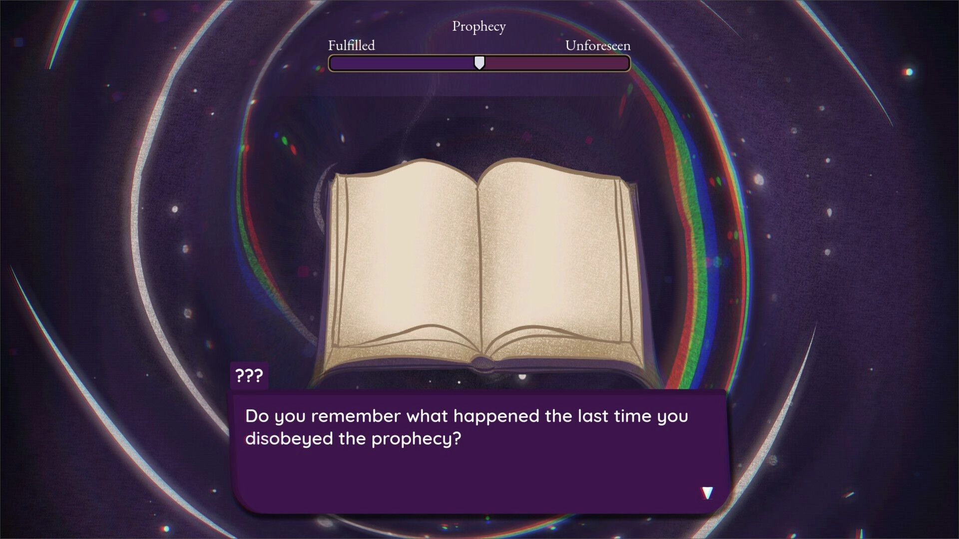 Brentwood: Prophecy meter and dialogue box over an open book floating in a starry void backdrop.