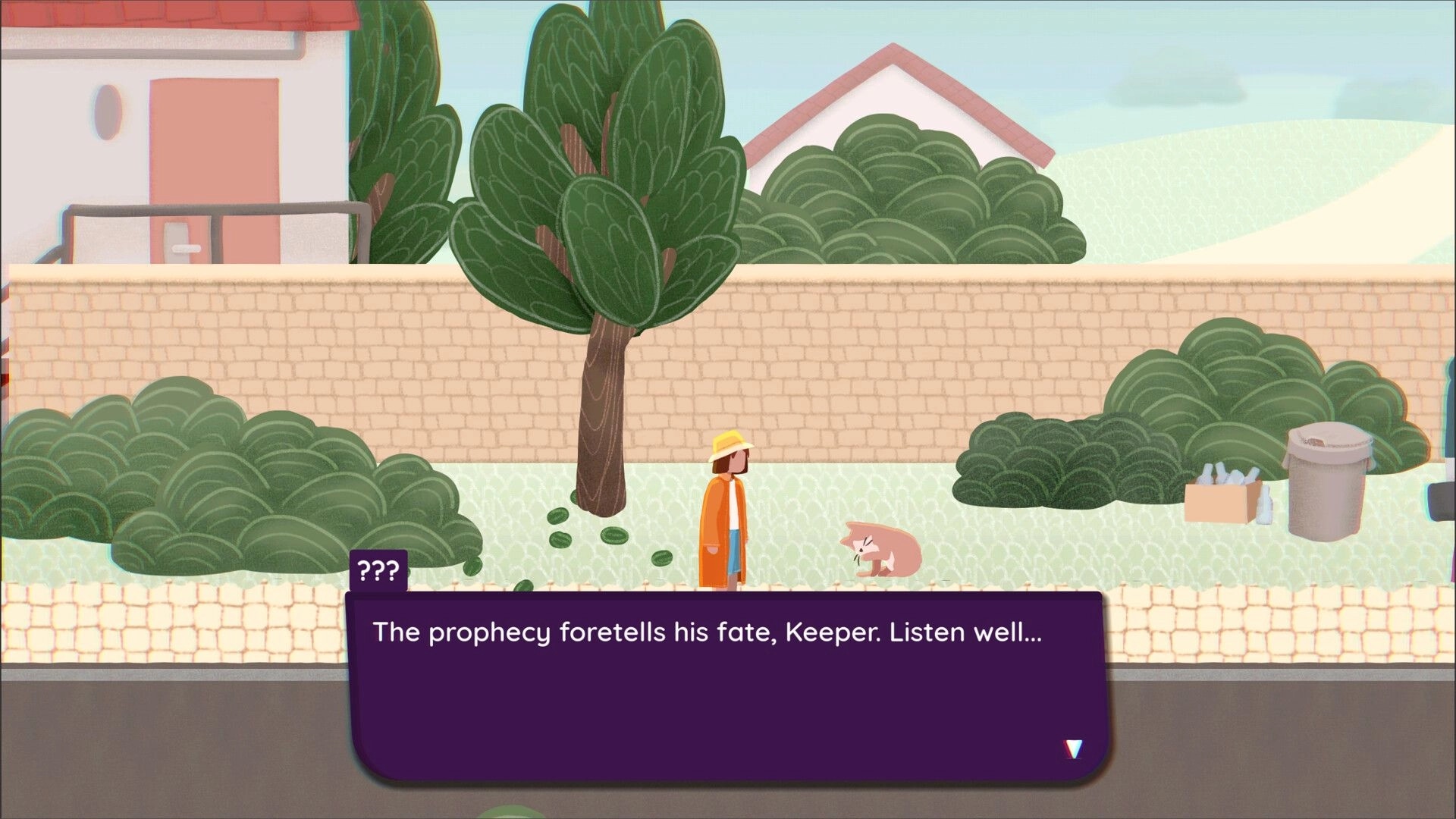 Brentwood: Dialogue box with ??? speaking to the Keeper beside a cat on a garden path by a wall.