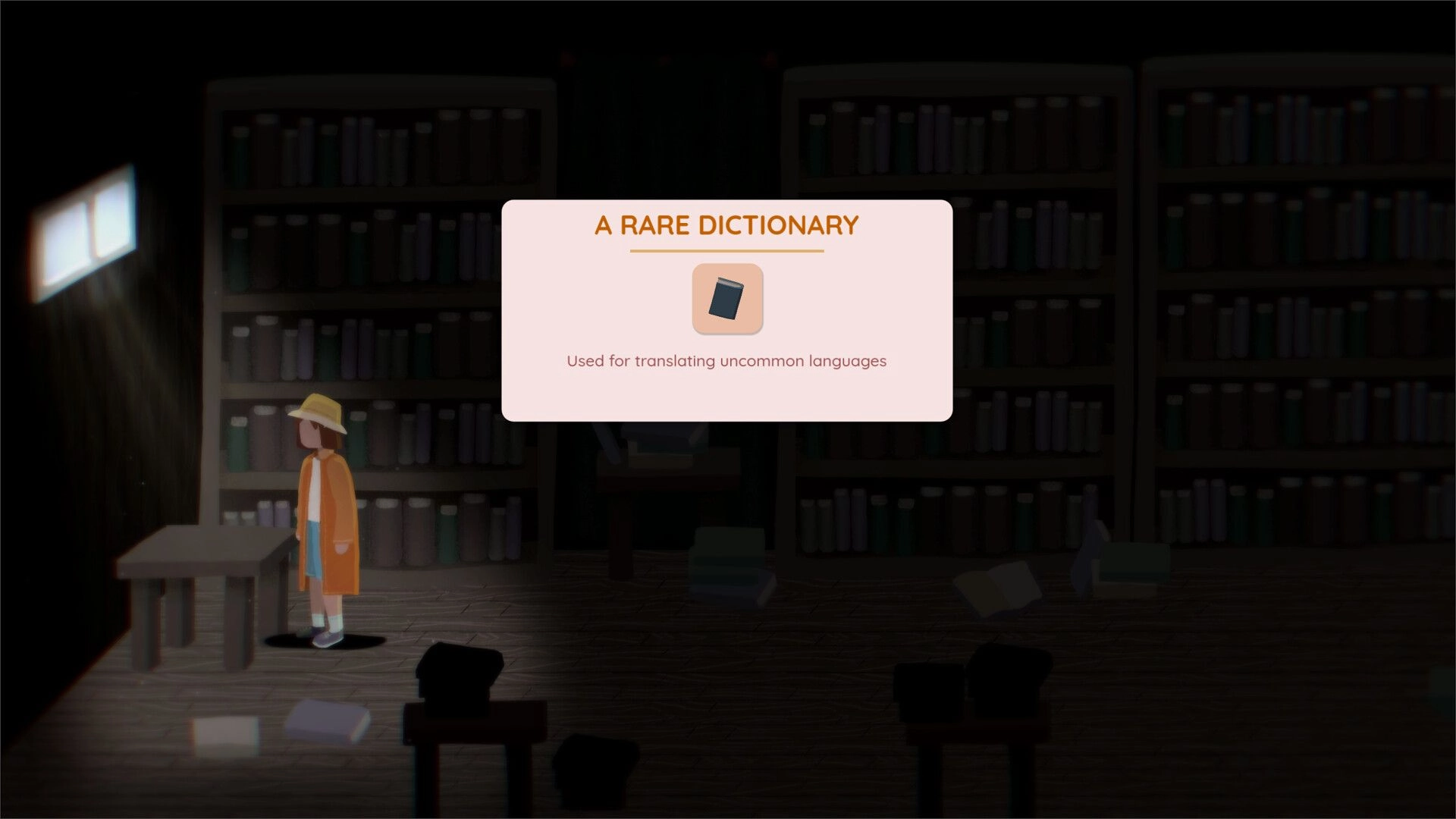 Brentwood: Pop-up item card for A Rare Dictionary over character in a dim library with bookcases.