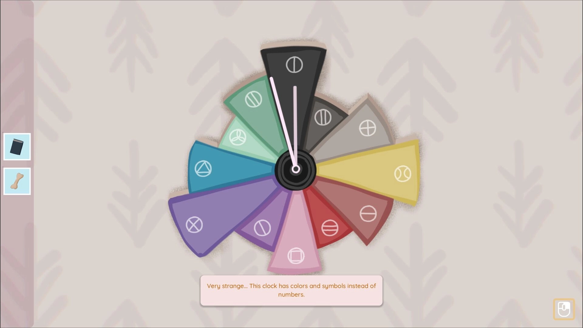 Brentwood: Color-and-symbol clock puzzle with pointer, inventory icons on a pale patterned background.