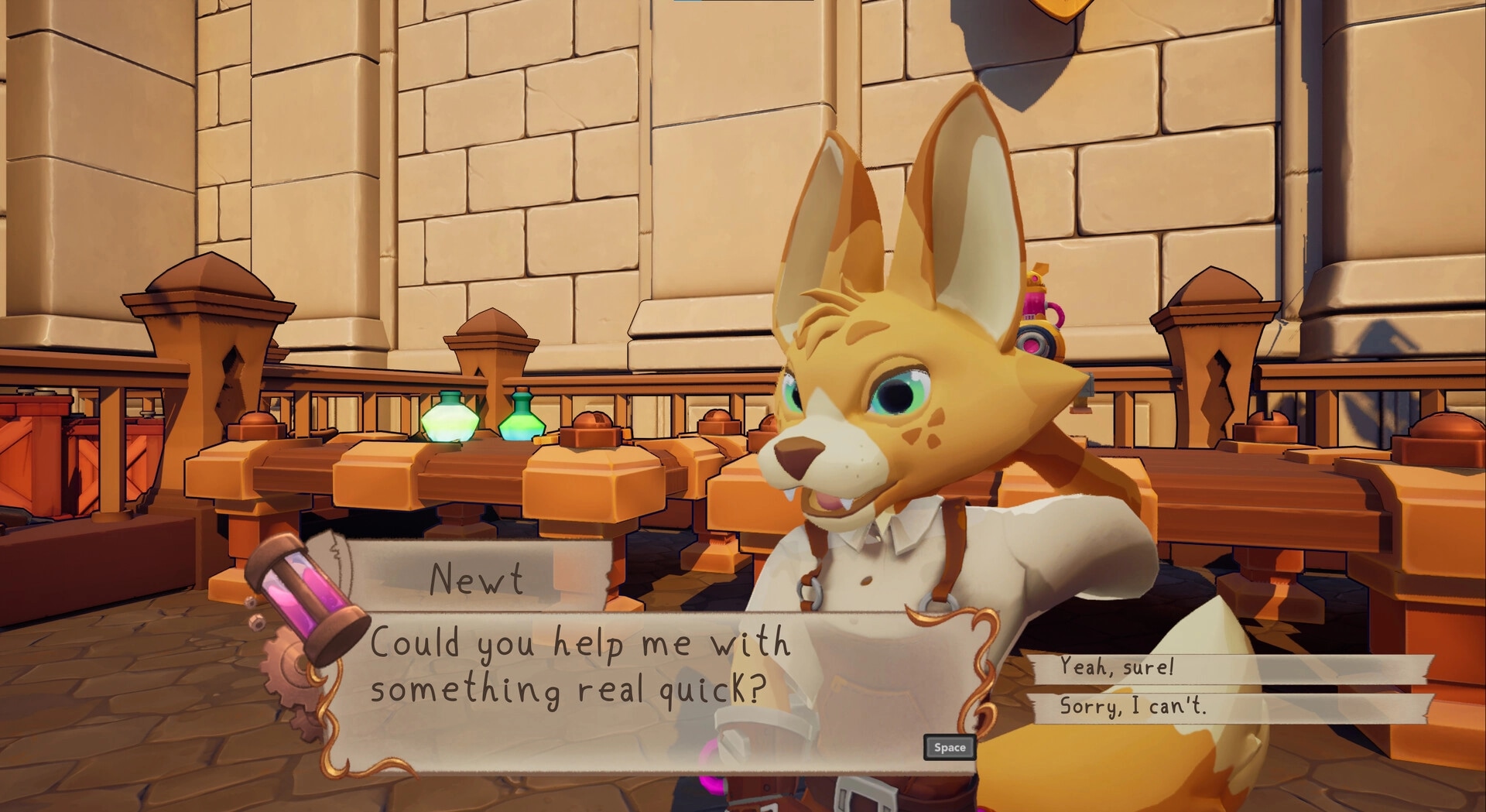Brew: Newt requests assistance in potion-filled academy courtyard with dialogue options visible