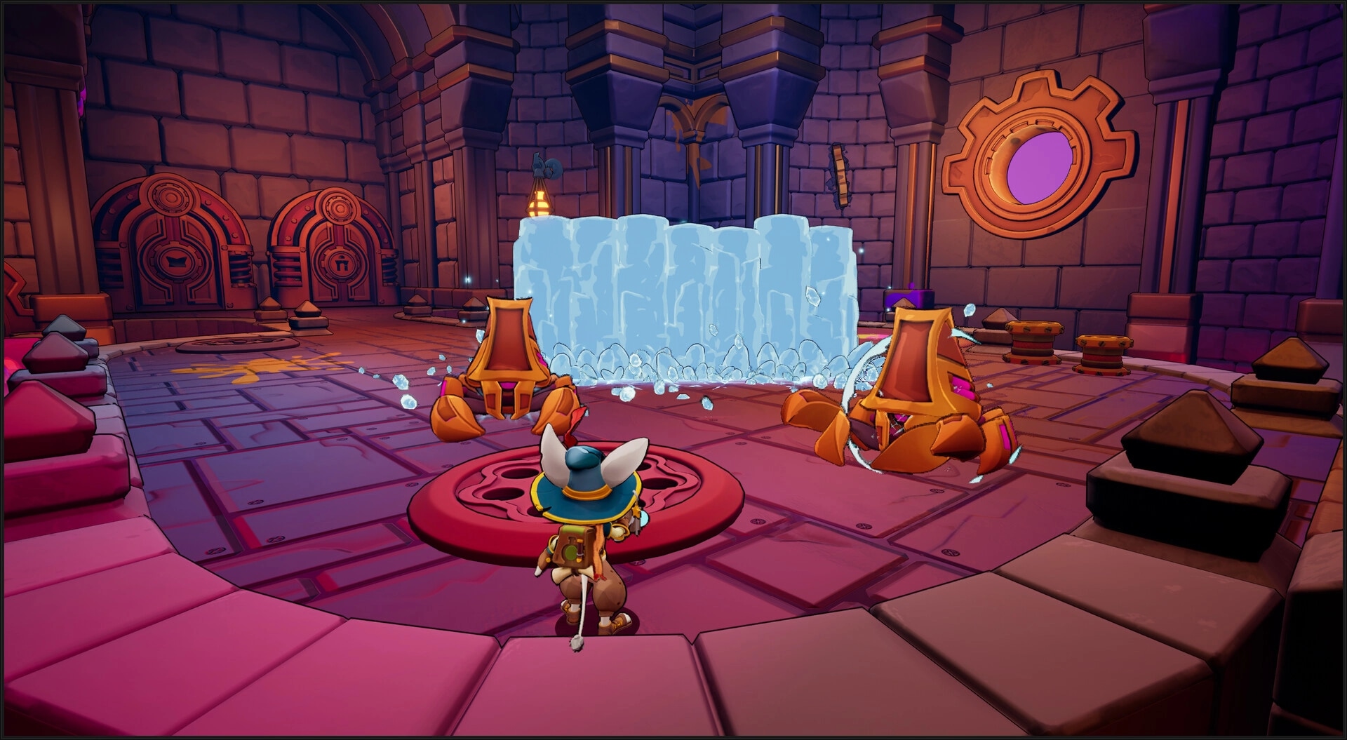 Brew: Character facing ice barrier and mechanical creatures in a stone chamber with gears on the walls