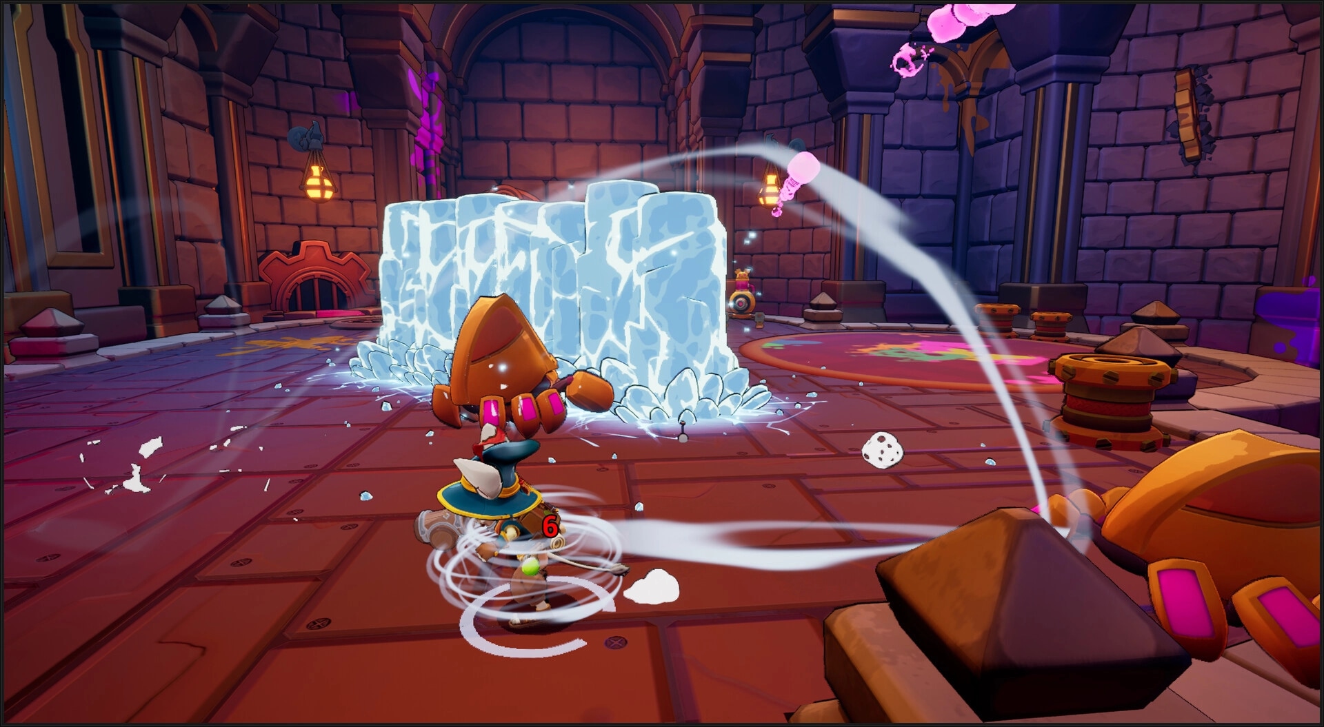 Brew: Character dodging ice attack in a dungeon with potion bottles flying and damage numbers visible