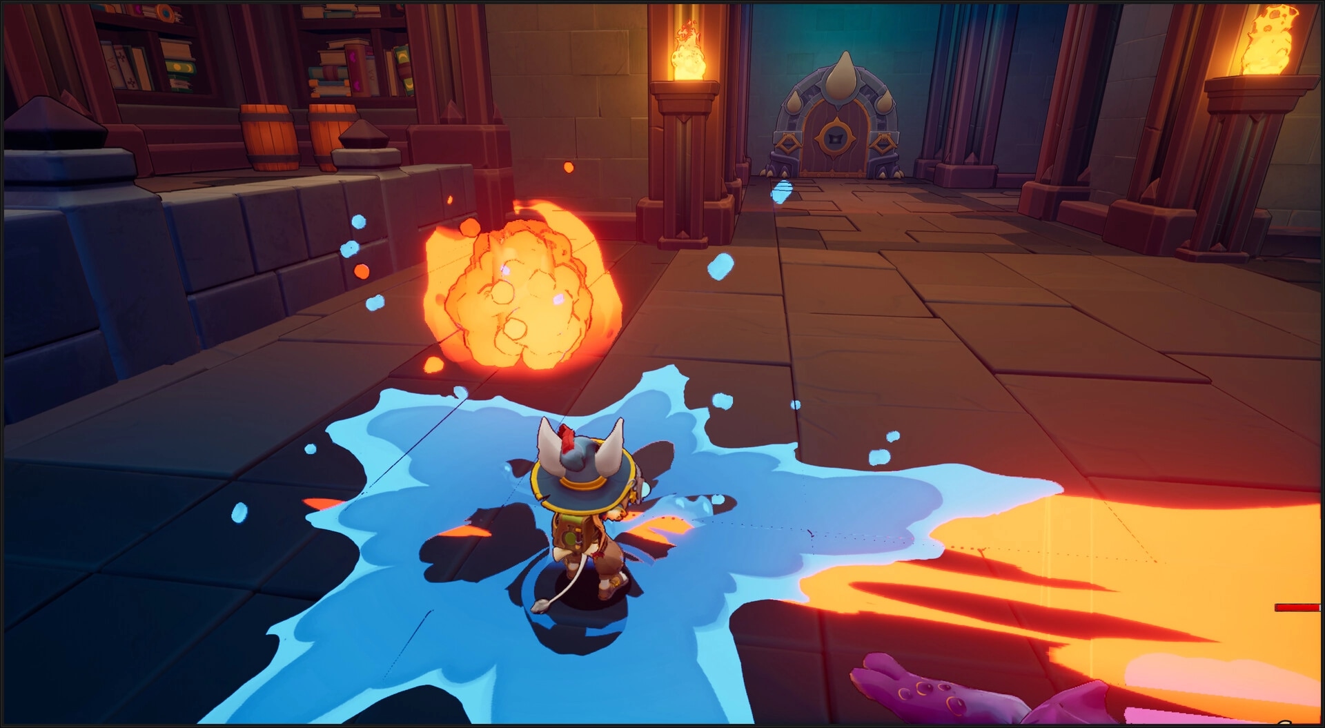 Brew: Character casting spell with potion gun in a dimly lit hallway with torches and bookshelves.