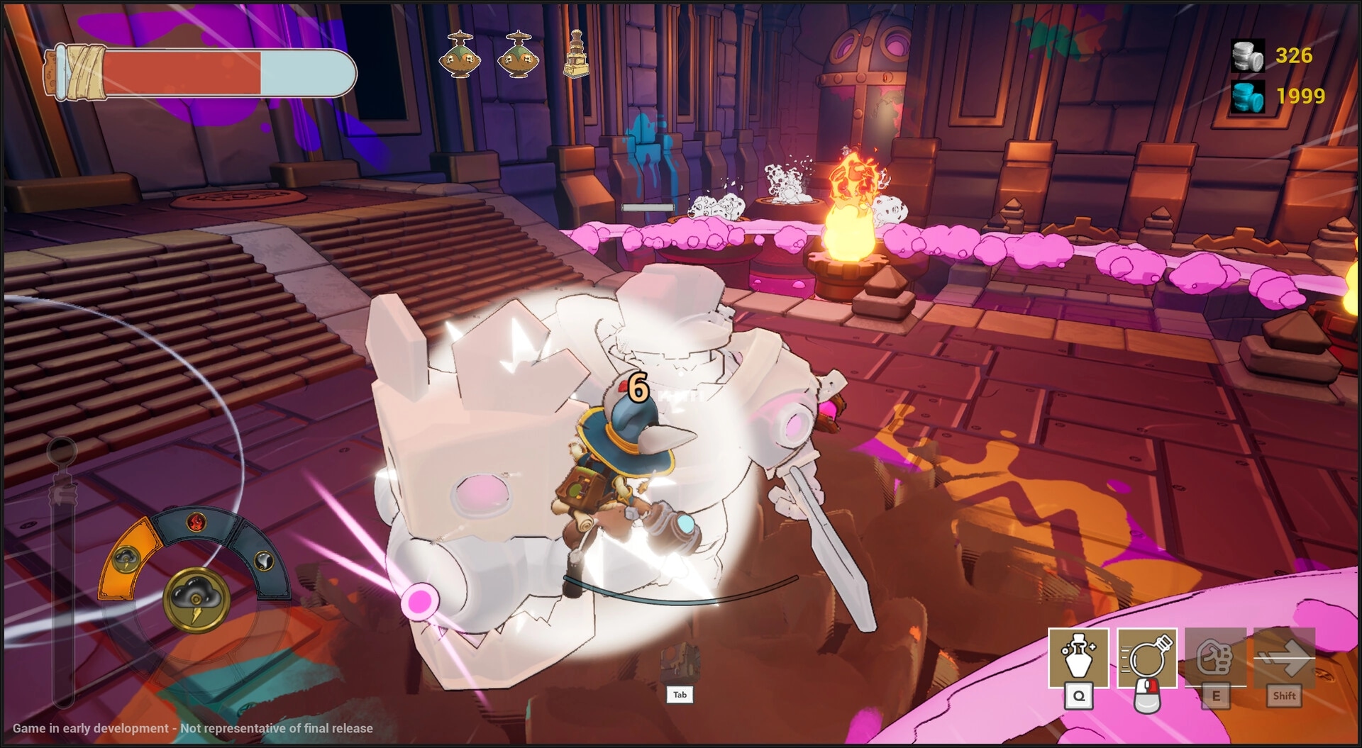 Brew: Player battling large mechanical creature in dungeon with potion gun and visible health bar