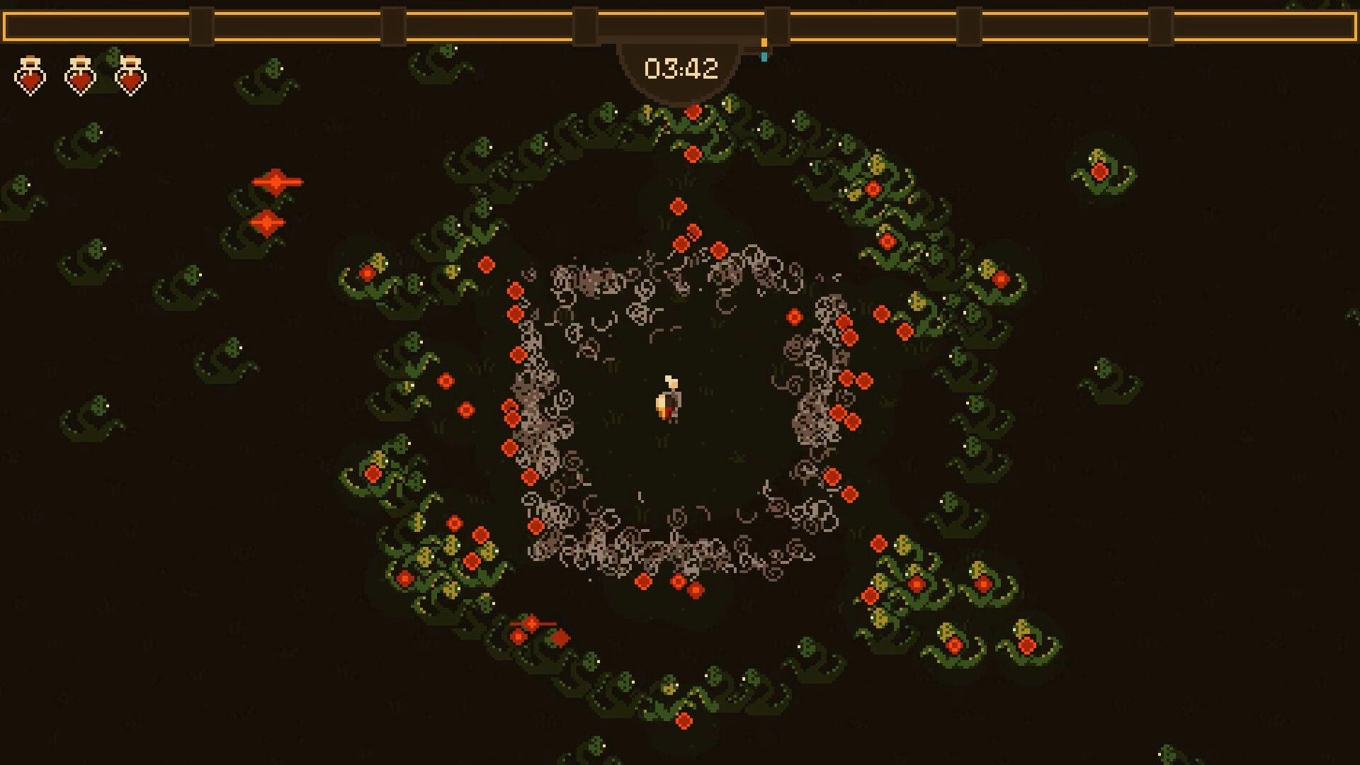 Brewed and Battered: Player surrounded by swirling homunculi in dark forest arena with timer displayed