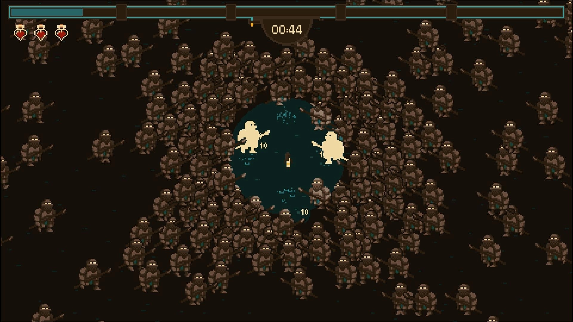 Brewed and Battered: Two alchemists surrounded by homunculi in a dark arena with timer at 00:44