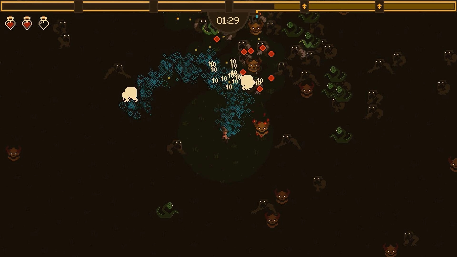 Brewed and Battered: Player surrounded by homunculi, casting blue potion in dark forest setting