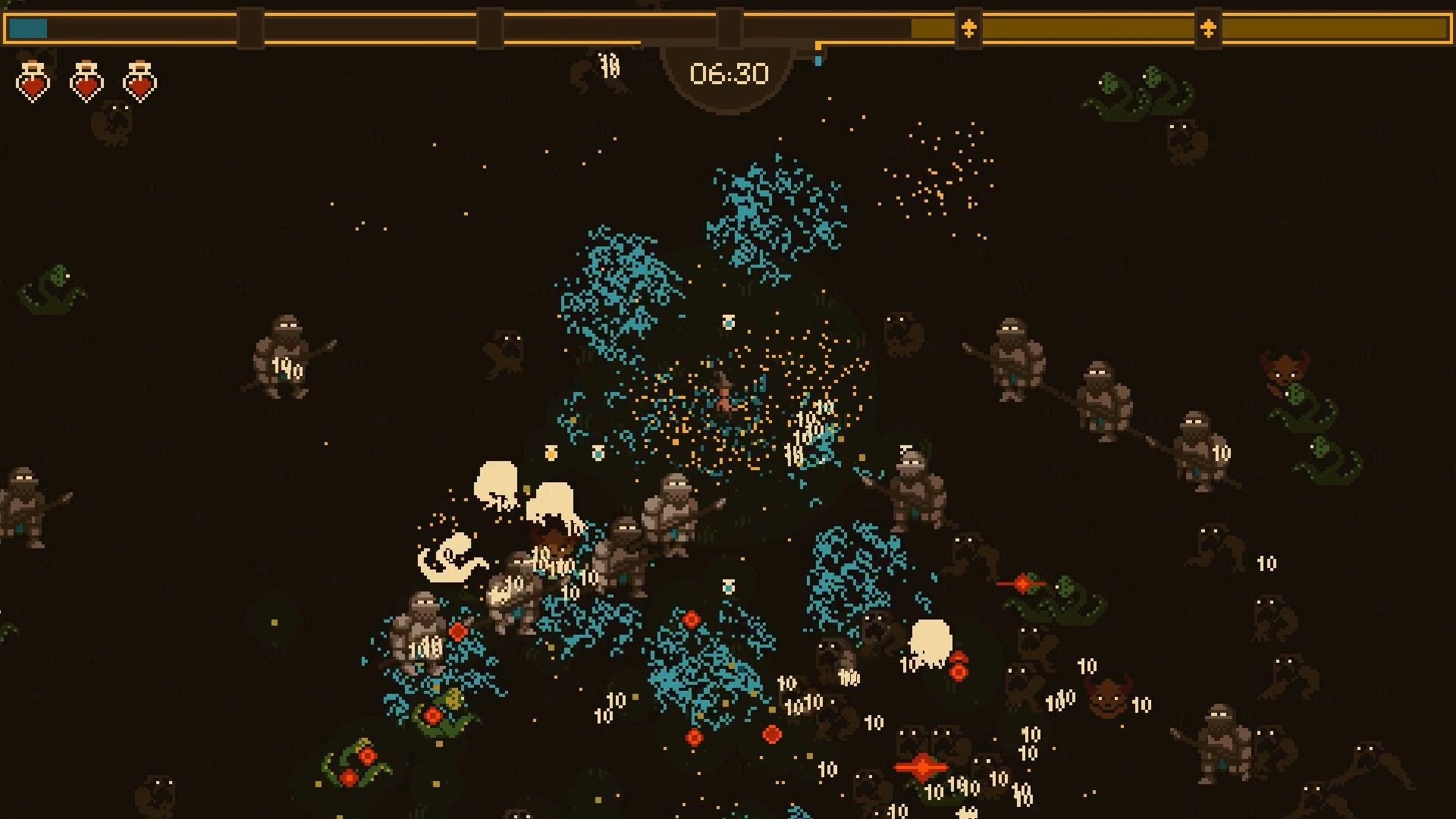 Brewed and Battered: Player surrounded by homunculi hordes in pixelated dark forest setting