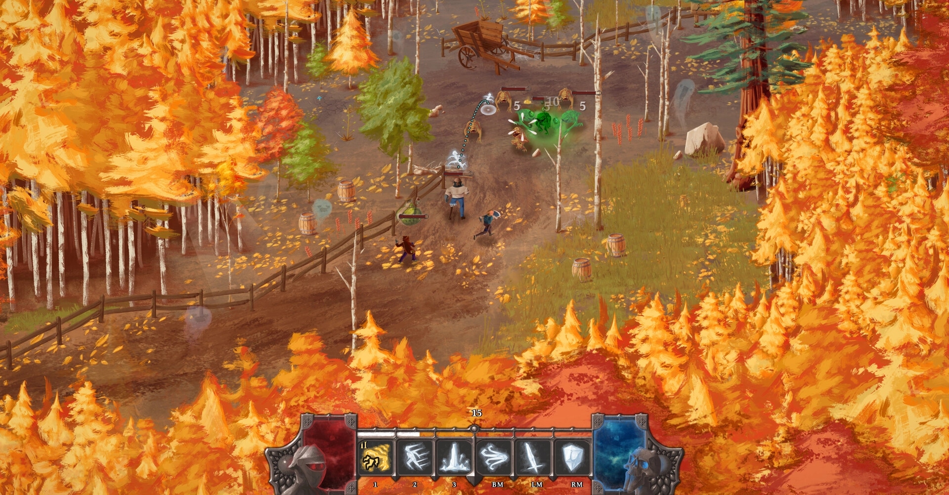 Bridgebourn: Adventurers battling enemies in a vibrant autumn forest with ability icons displayed