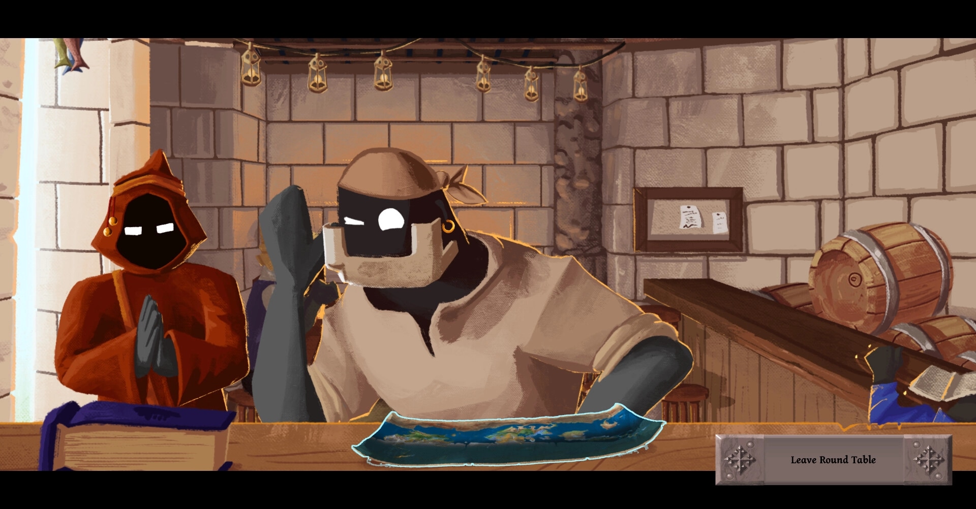 Bridgebourn: Two adventurers discuss a map in a stone-walled tavern with barrels and a glowing book.