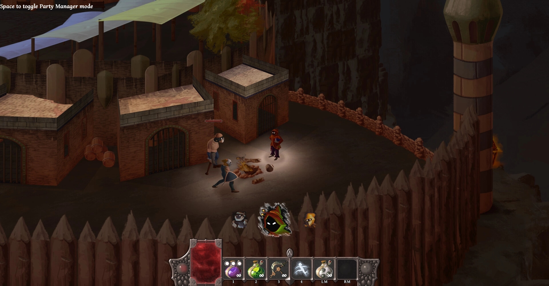 Bridgebourn: Two characters around a campfire near a brick building with UI showing spell options
