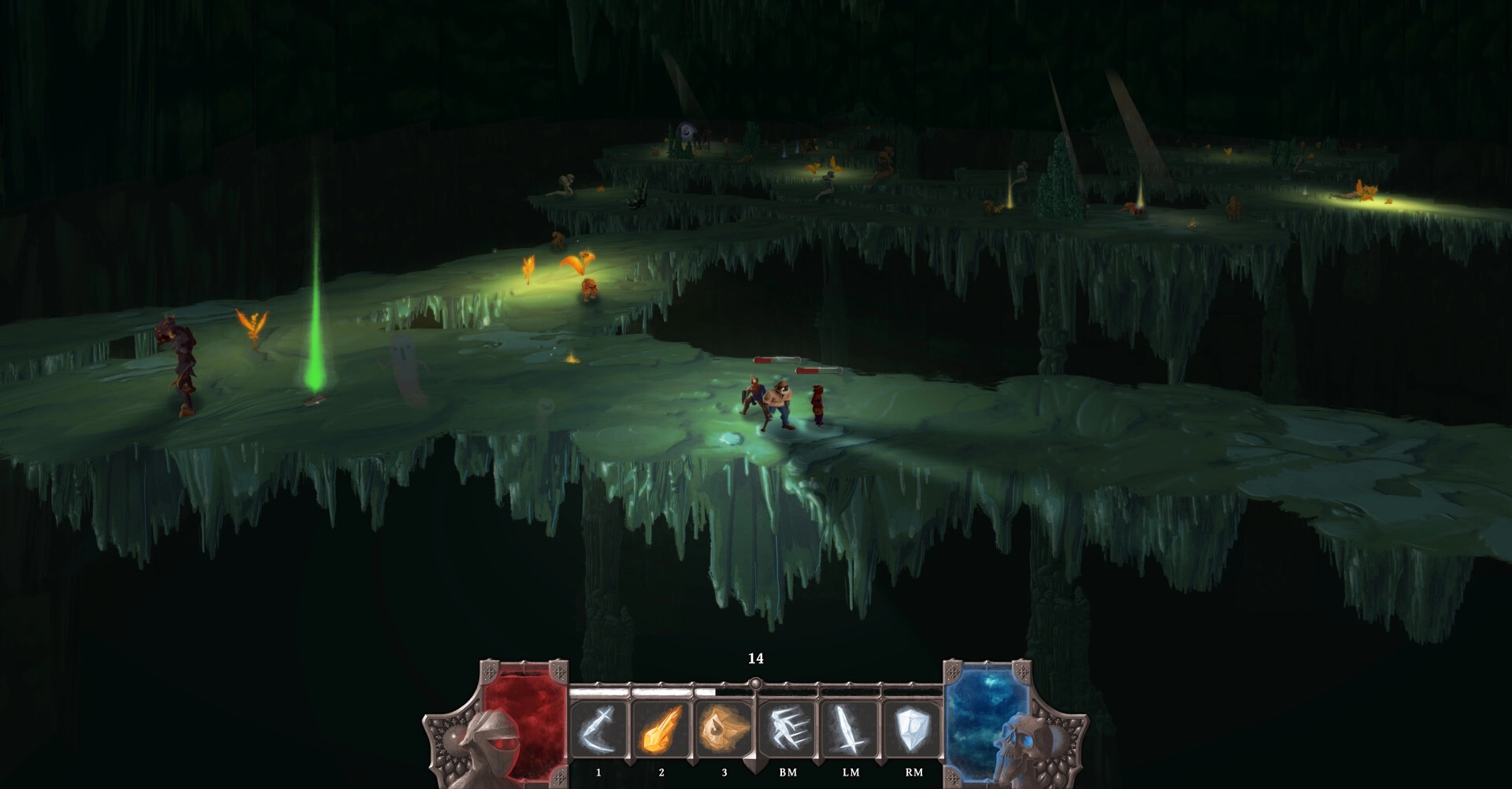 Bridgebourn: Two adventurers battle creatures in a dimly lit cavern with spell icons on the UI.