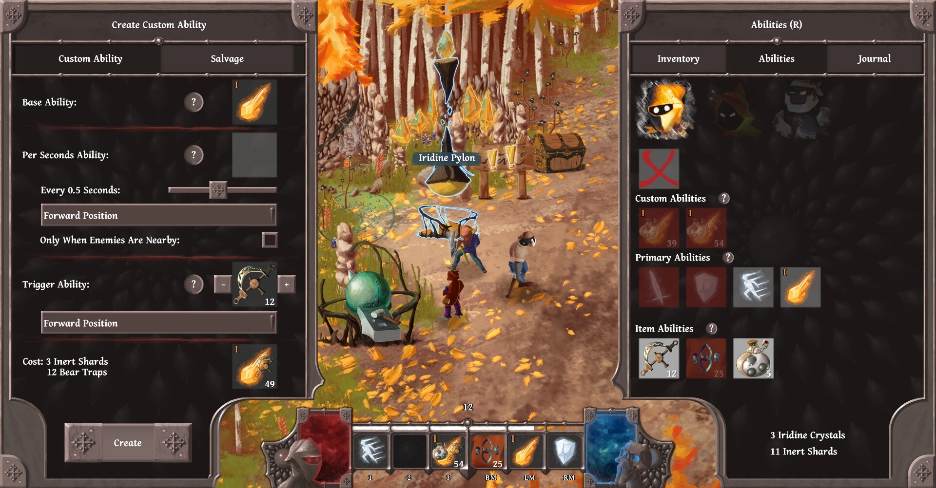 Bridgebourn: Custom ability creation screen with adventurers near a glowing Iridine Pylon in a forest path.