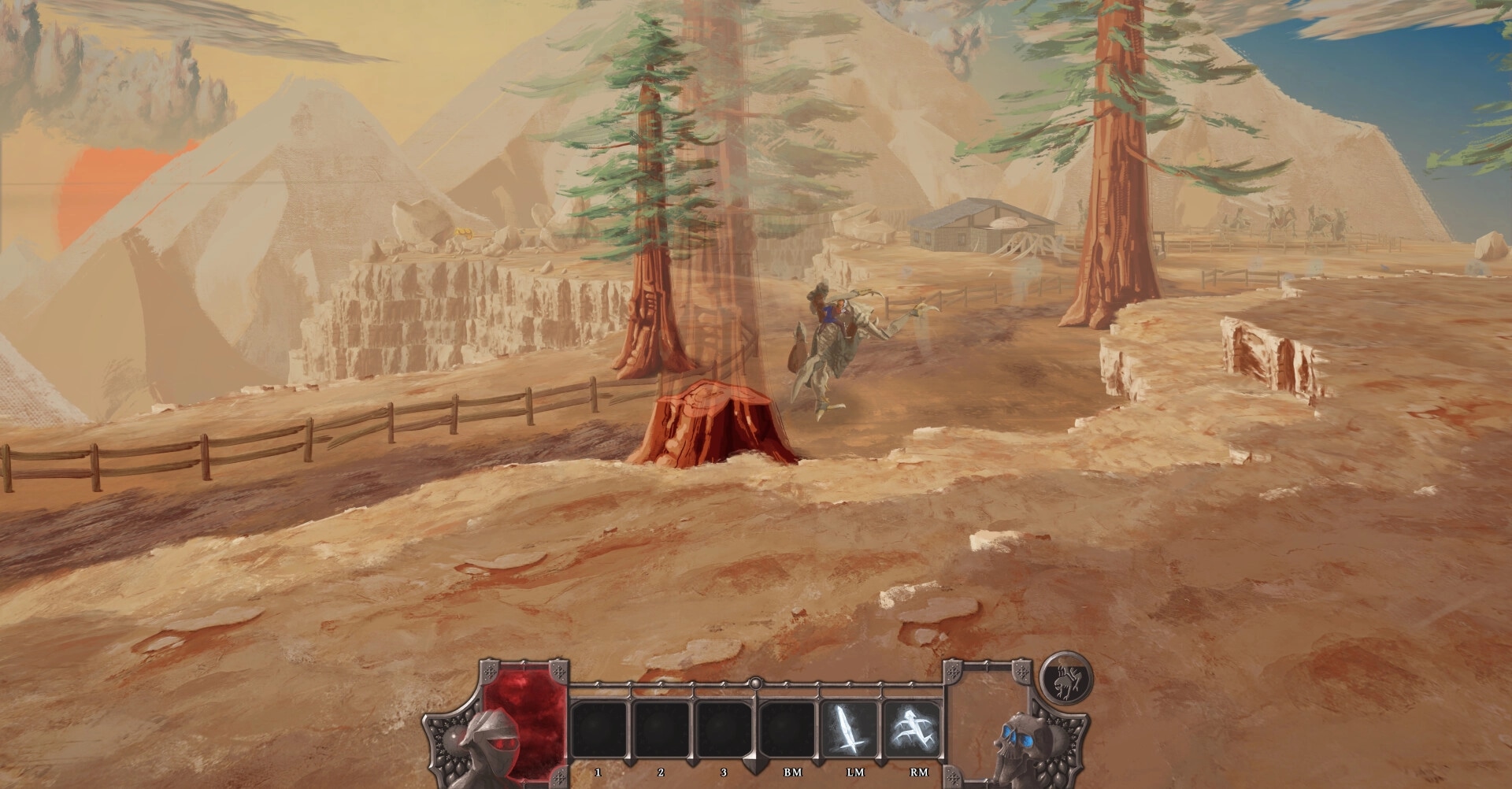 Bridgebourn: Adventurer rides through vast desert landscape with mountains and trees in the distance.