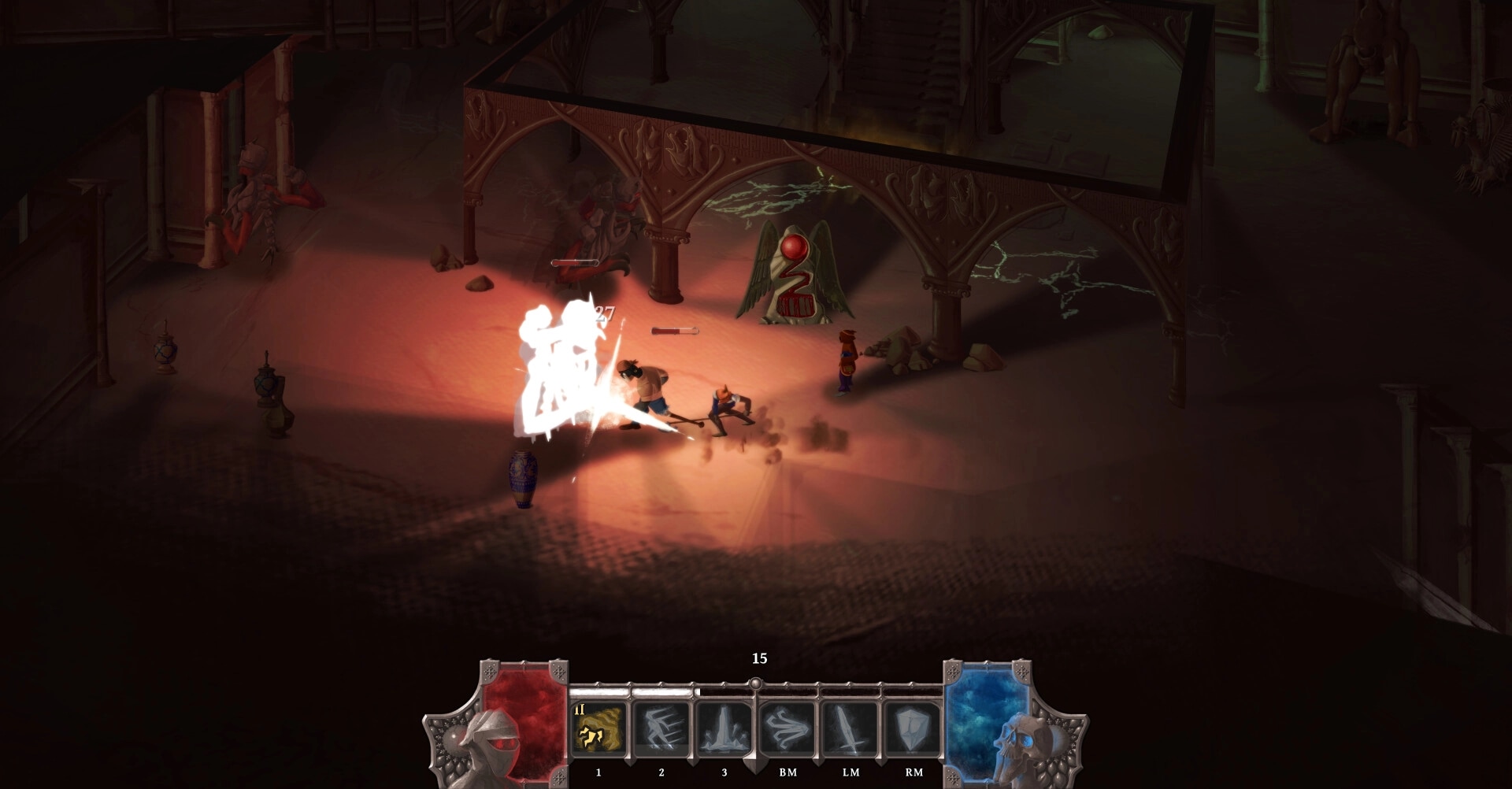 Bridgebourn: Adventurers battle enemies in a dimly lit dungeon with spell icons on the bottom HUD.