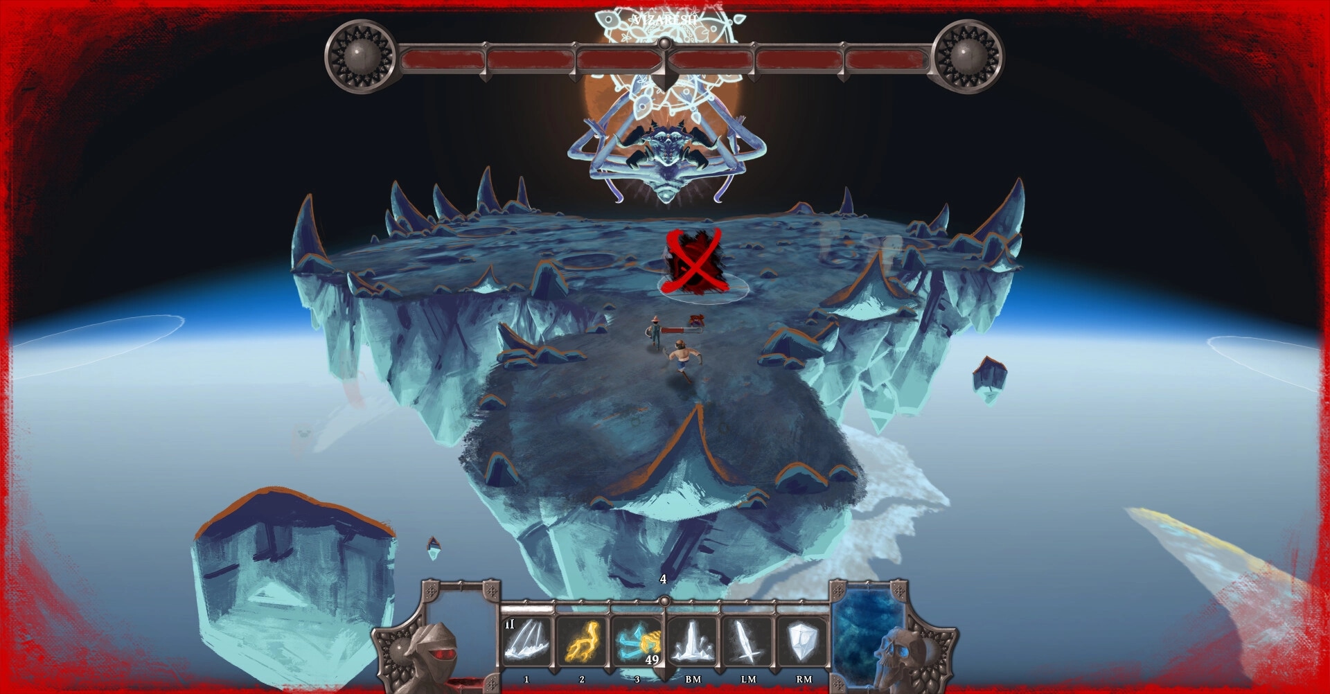 Bridgebourn: Adventurers approach a red X on a floating icy platform, spell icons visible below.