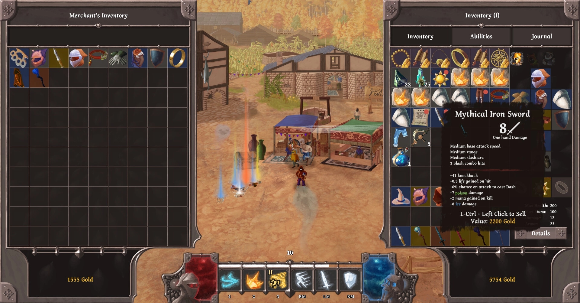 Bridgebourn: Trading scene in village with merchant inventory and player inventory open