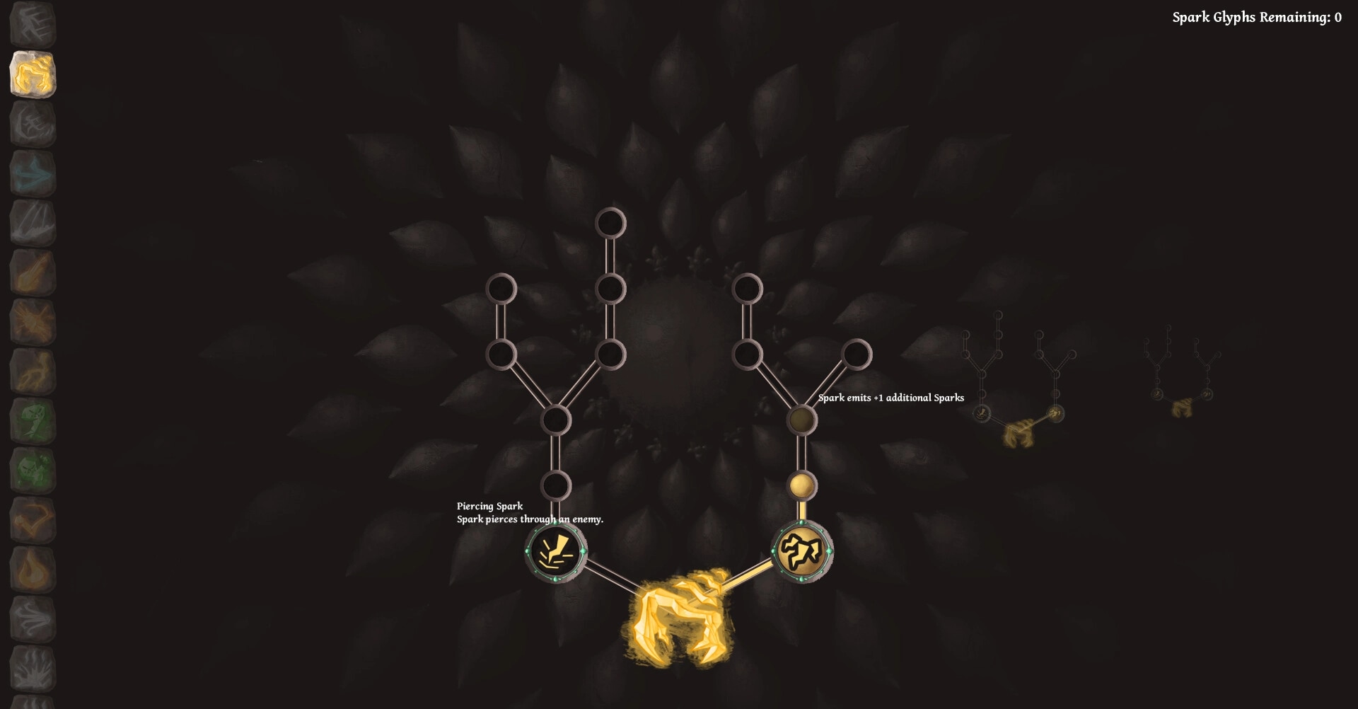 Bridgebourn: Spell customization interface with glyphs and abilities against dark petal background