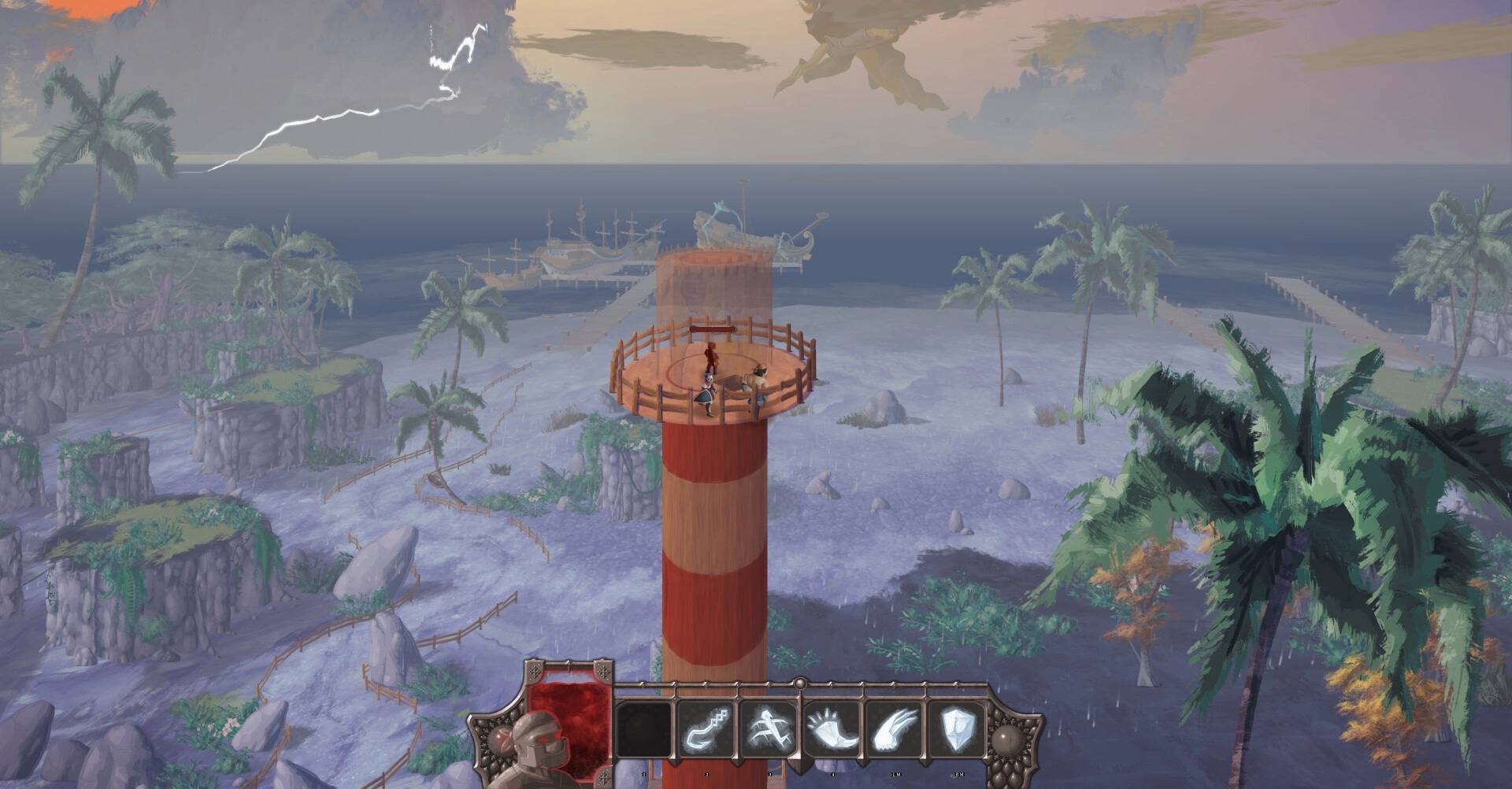 Bridgebourn: Character on lighthouse tower overlooking tropical island with palm trees and docked ships