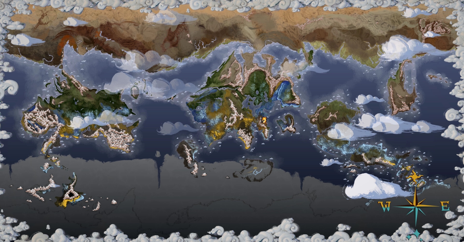 Bridgebourn: Detailed world map with diverse landscapes and compass rose in the hand-painted Fadelands.