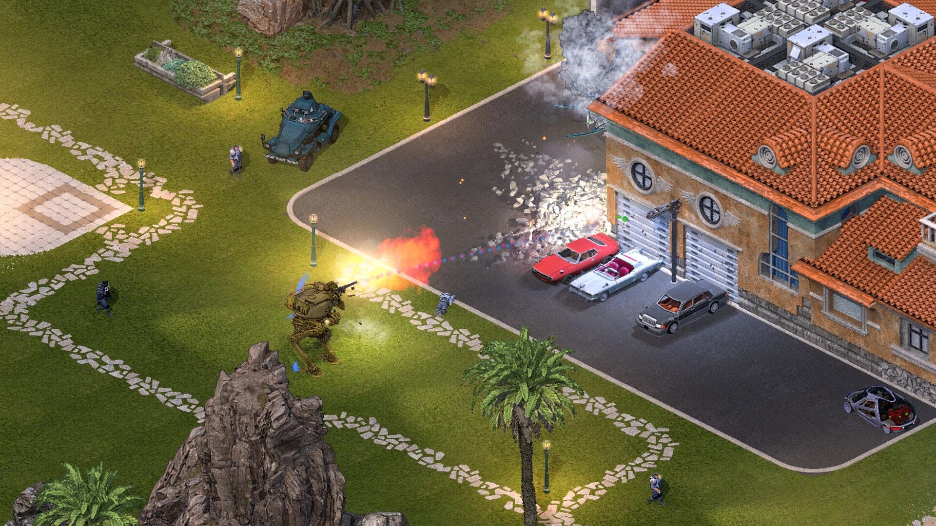 Brigador Killers: Mech firing at a building entrance beside parked cars on a suburban street fight.