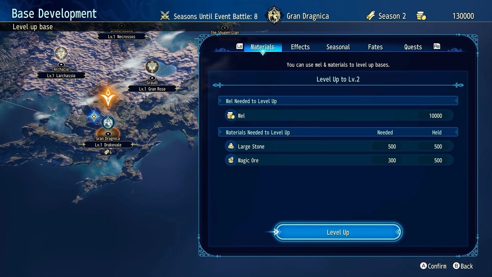 BRIGANDINE ABYSS: Base Development map with Gran Dragnica selected and materials list to level up.