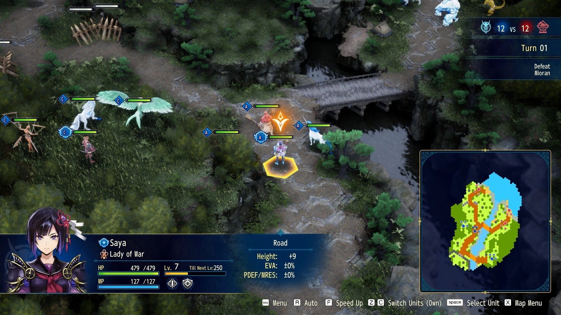 BRIGANDINE ABYSS: Saya selected on hex road near bridge, turn-based battle UI and minimap visible.