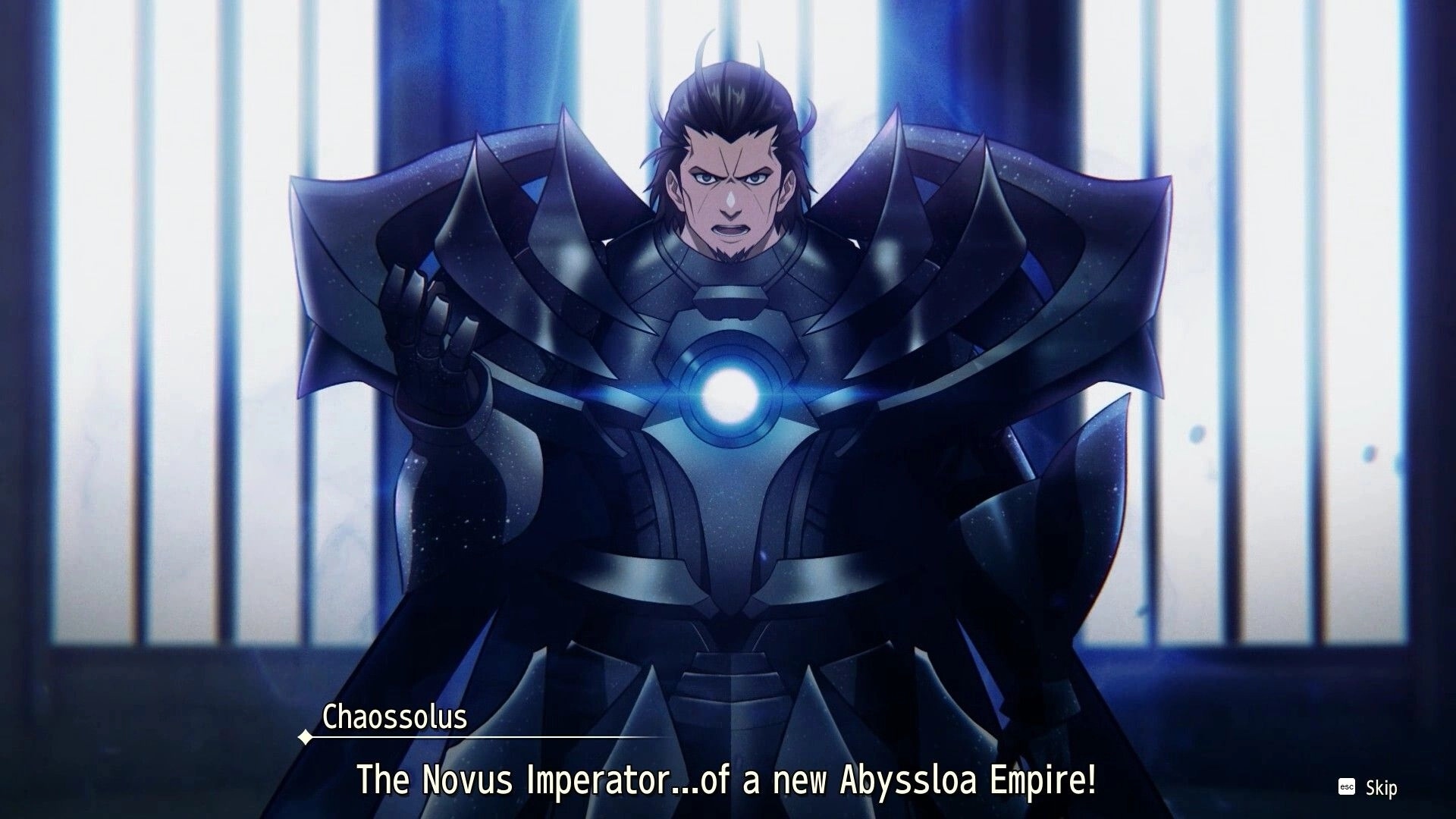 BRIGANDINE ABYSS: Cutscene dialogue with Chaossolus in dark armor, glowing core, backlit hall.