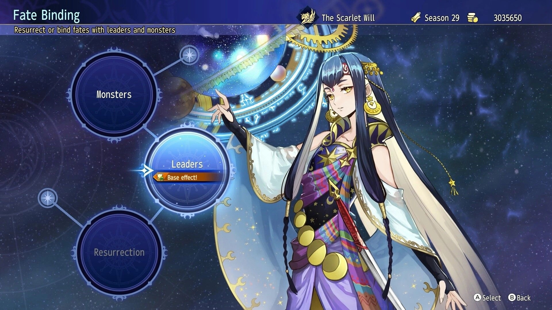 BRIGANDINE ABYSS: Fate Binding menu with Leaders selected, anime mage portrait on starry cosmos backdrop.