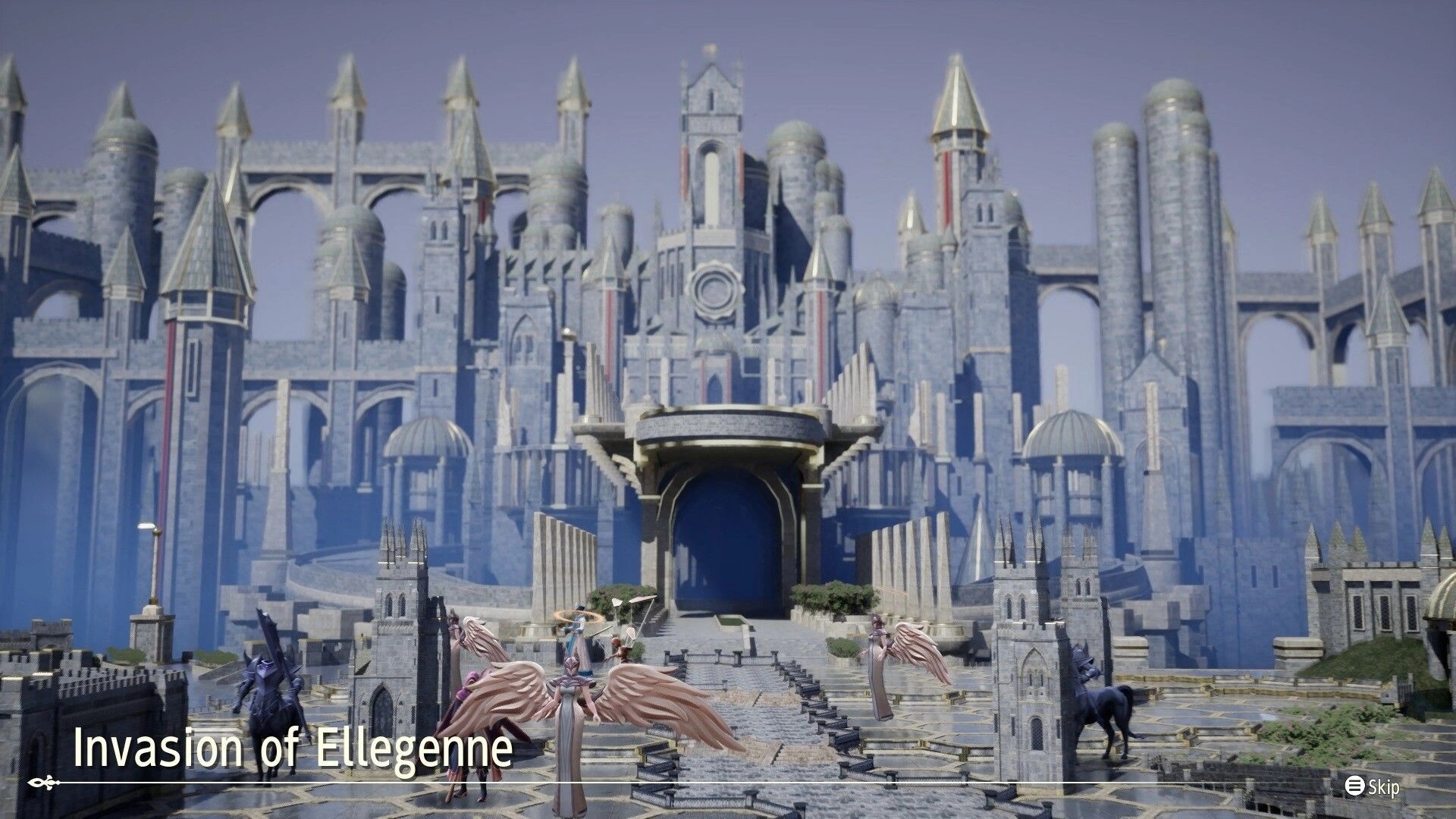 BRIGANDINE ABYSS: Cutscene titled Invasion of Ellegenne before a vast stone castle courtyard, Skip UI.