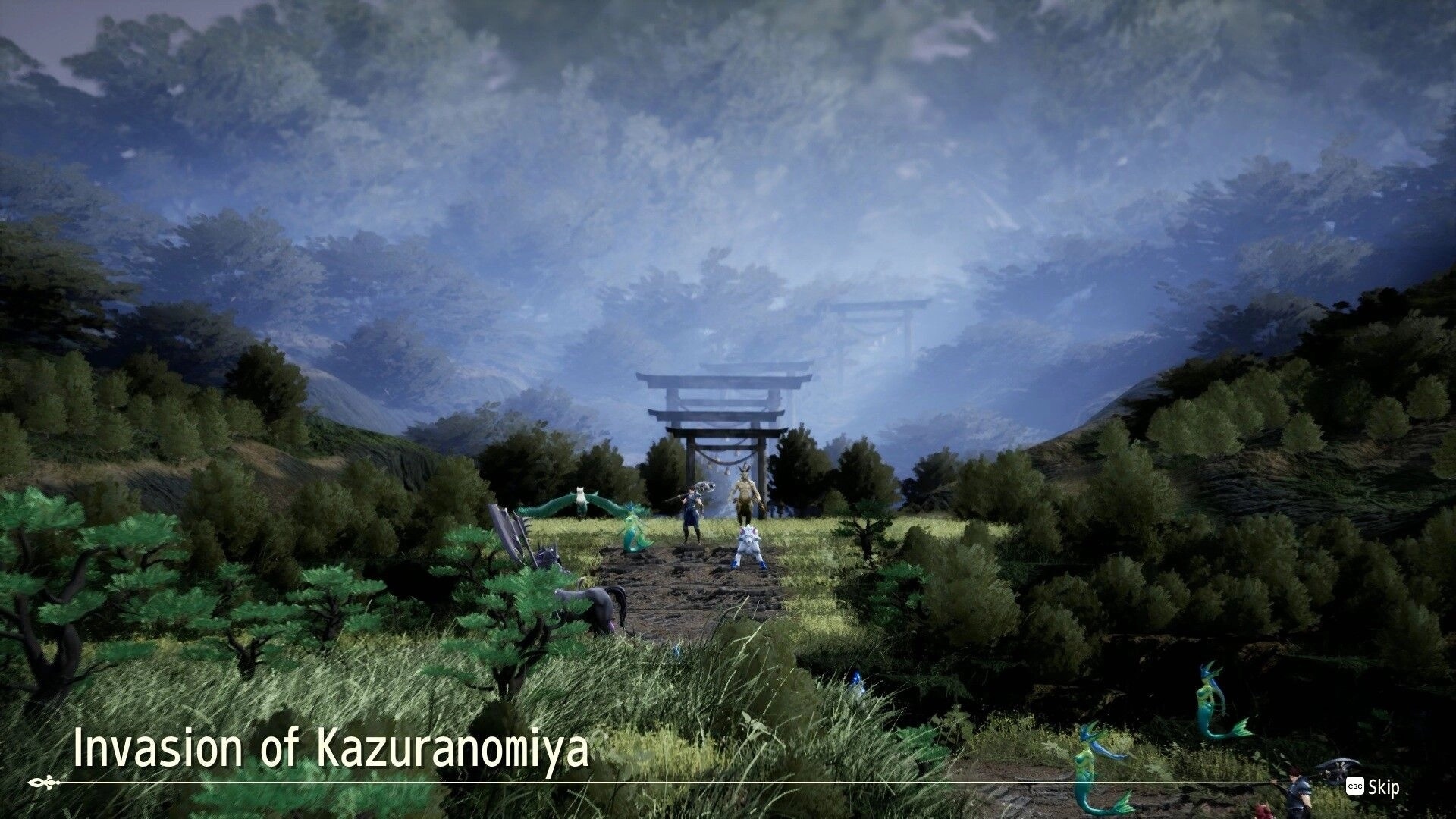 BRIGANDINE ABYSS: Cutscene titled Invasion of Kazuranomiya on misty forest path with troops ahead.