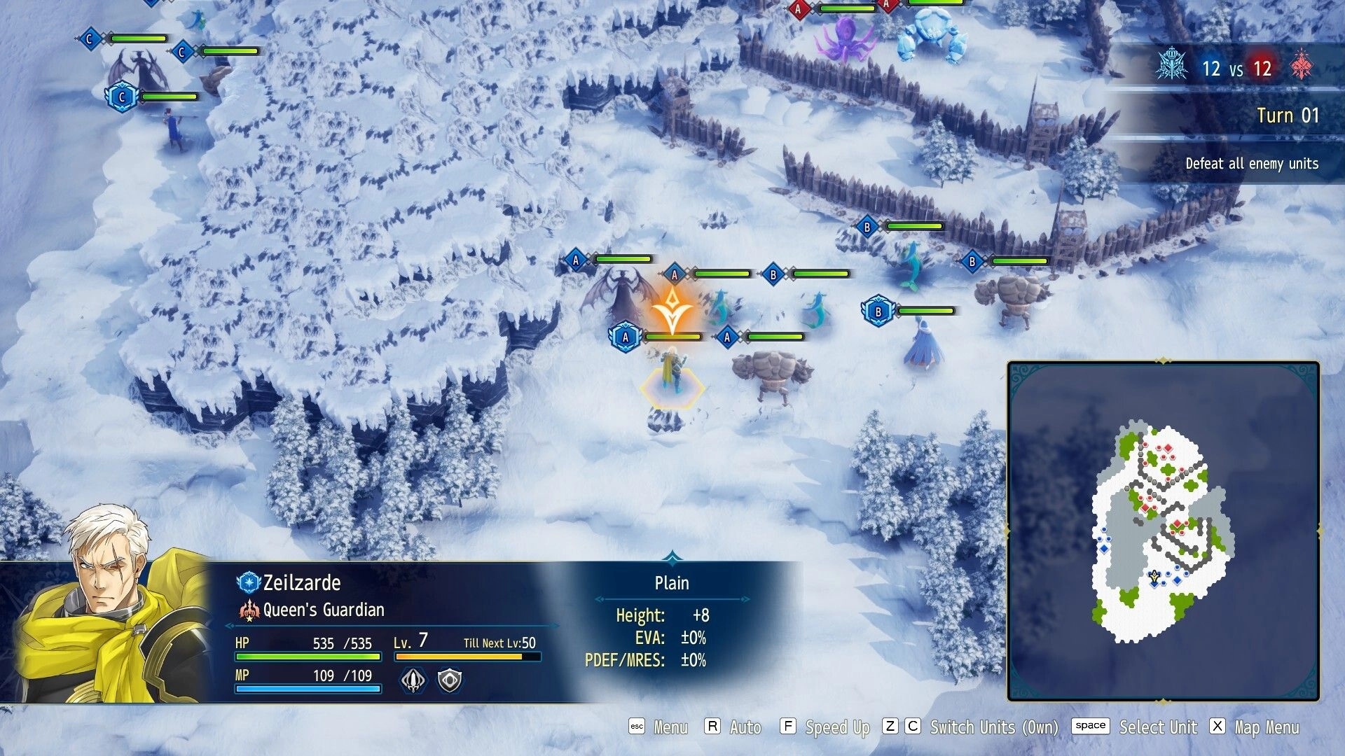 BRIGANDINE ABYSS: Turn 01 battle map with units and HP bars on snowy plain near palisades, 12v12.